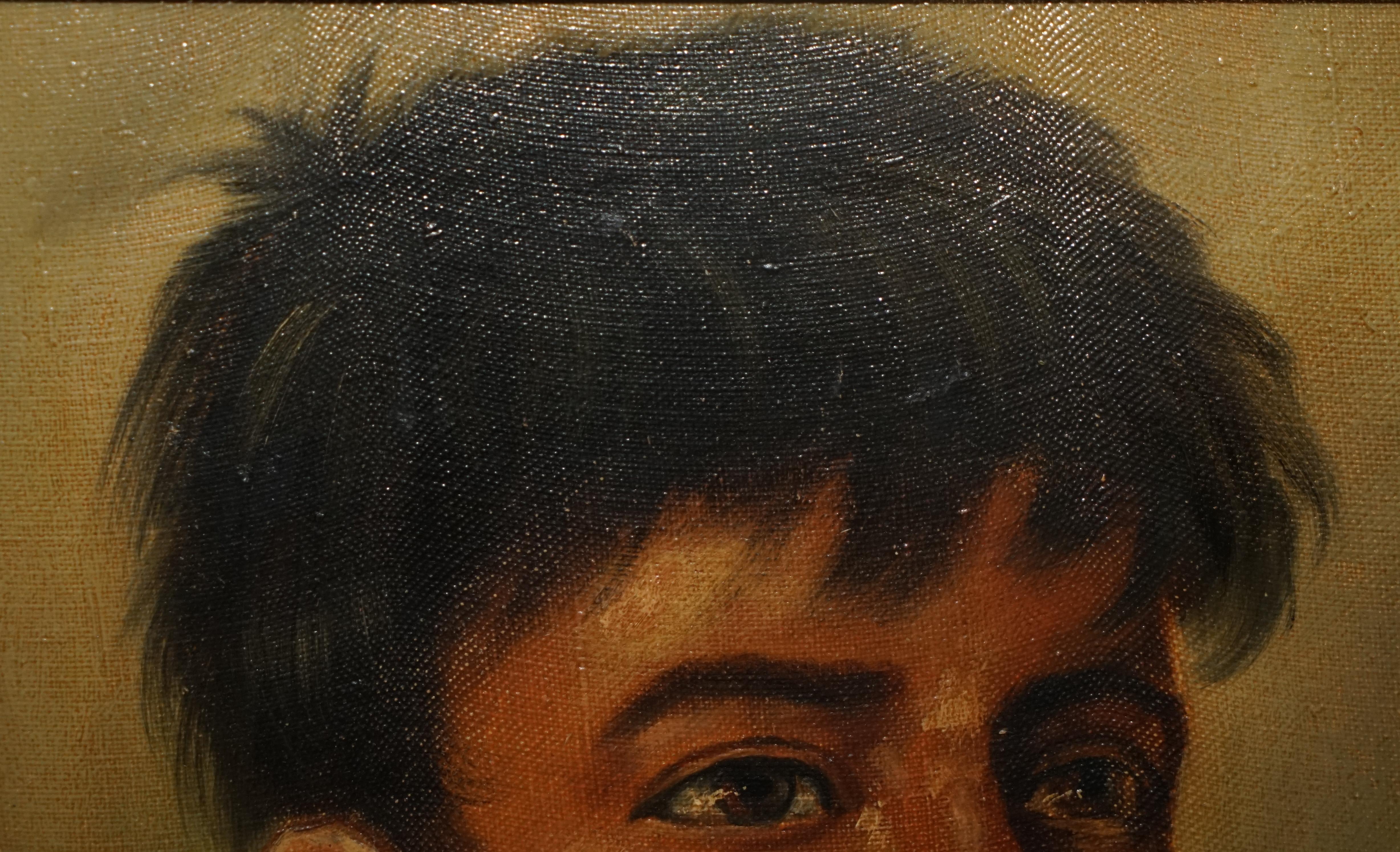 ANTIQUE SIGNED JANSON BELGIUM OIL ON CANvas PAiNTING OF YOUNG BOY SMOKING (Leinwand) im Angebot