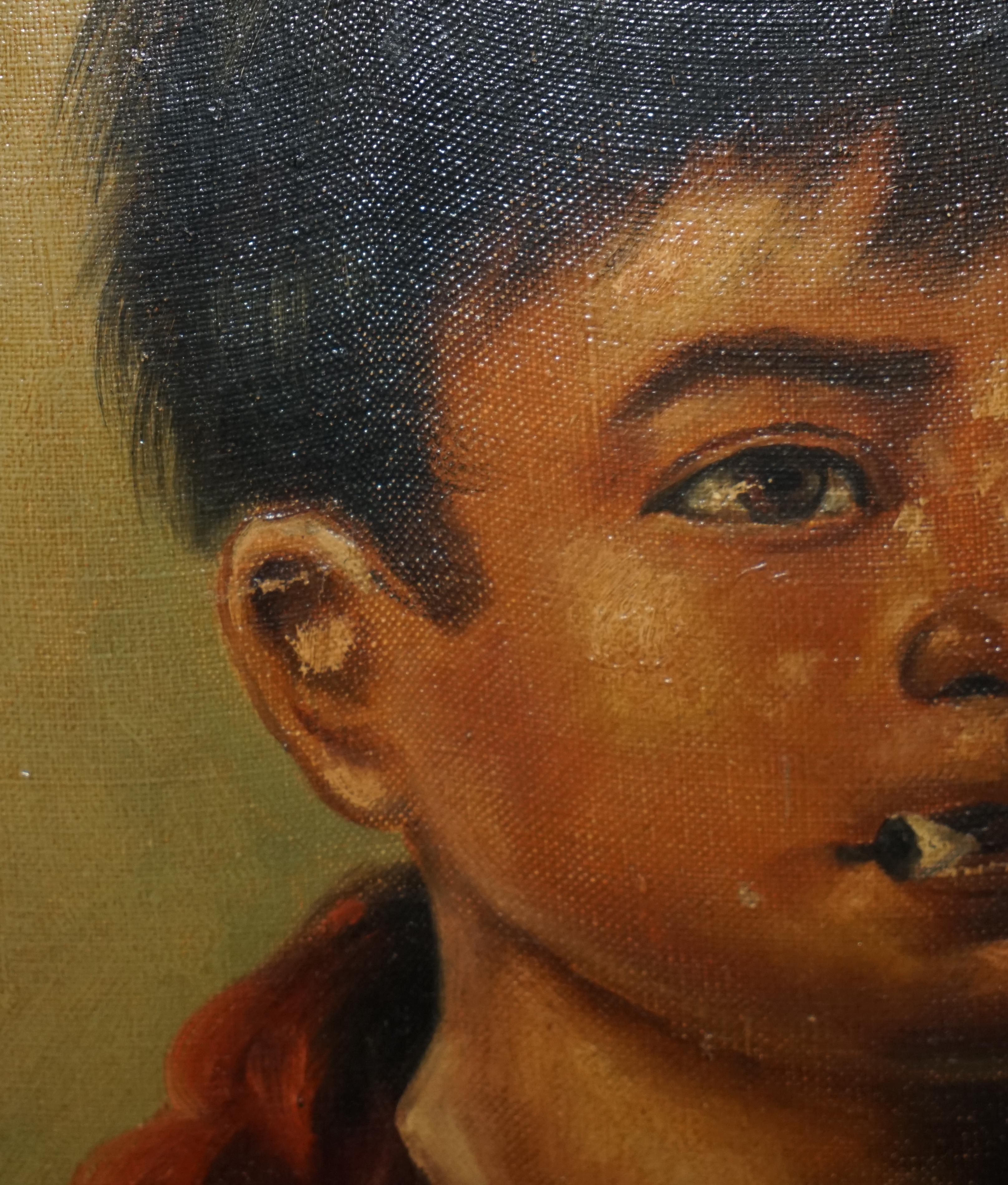 ANTIQUE PIÈCE D'OREILLE JANSON BELGIUM SIGNÉE SUR CANvas PAiNTING OF YOUNG BOY SMOKING en vente 1
