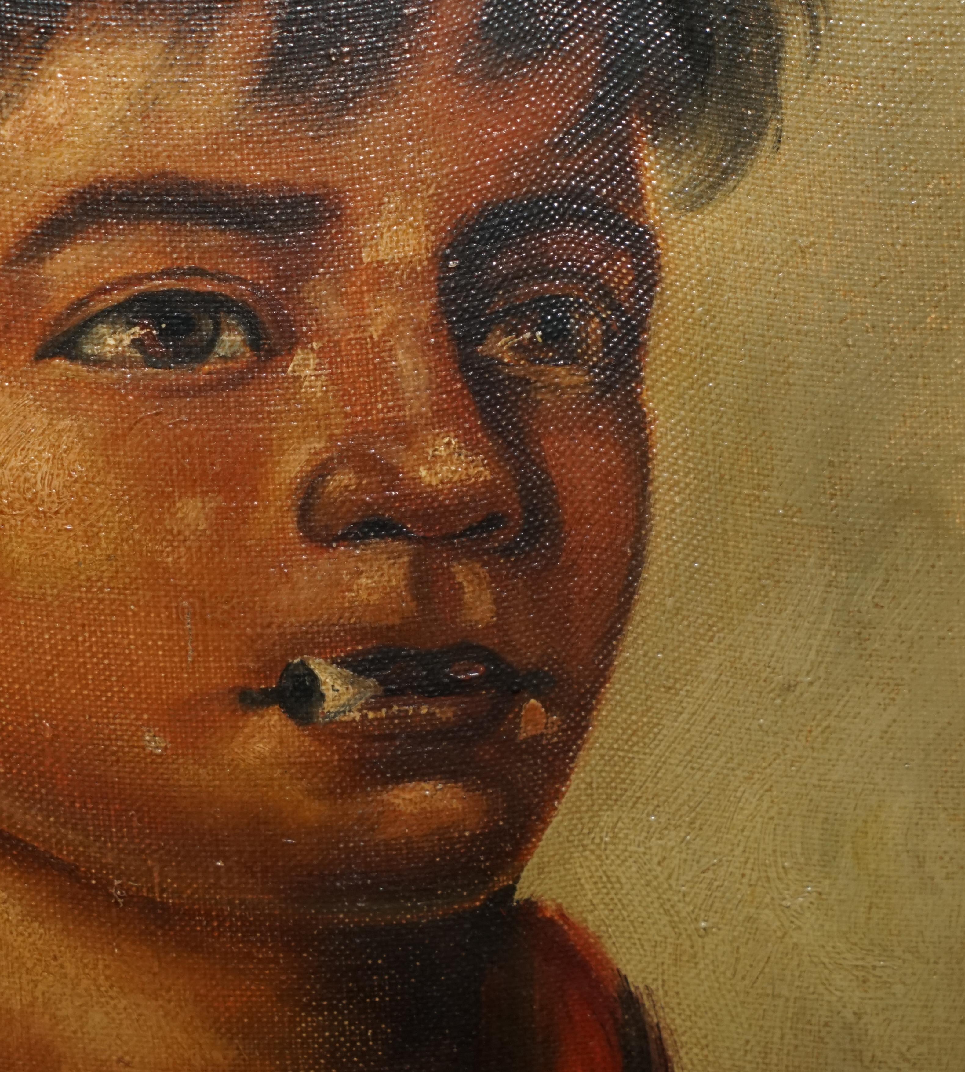 Antique Signed Janson Belgium Oil on Canvas Painting of Young Boy Smoking For Sale 2