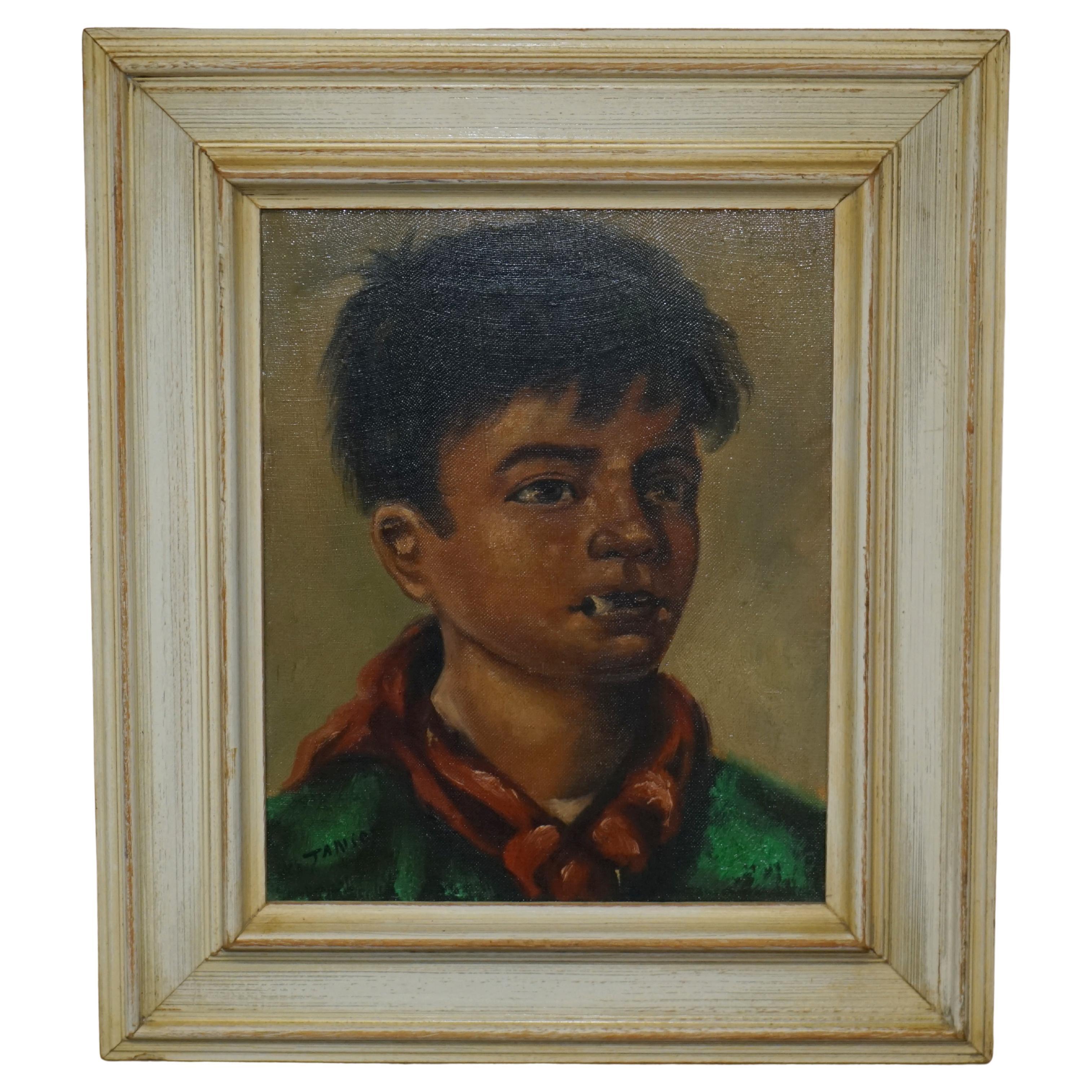 Antique Signed Janson Belgium Oil on Canvas Painting of Young Boy Smoking