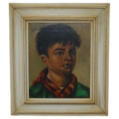 Antique Signed Janson Belgium Oil on Canvas Painting of Young Boy Smoking