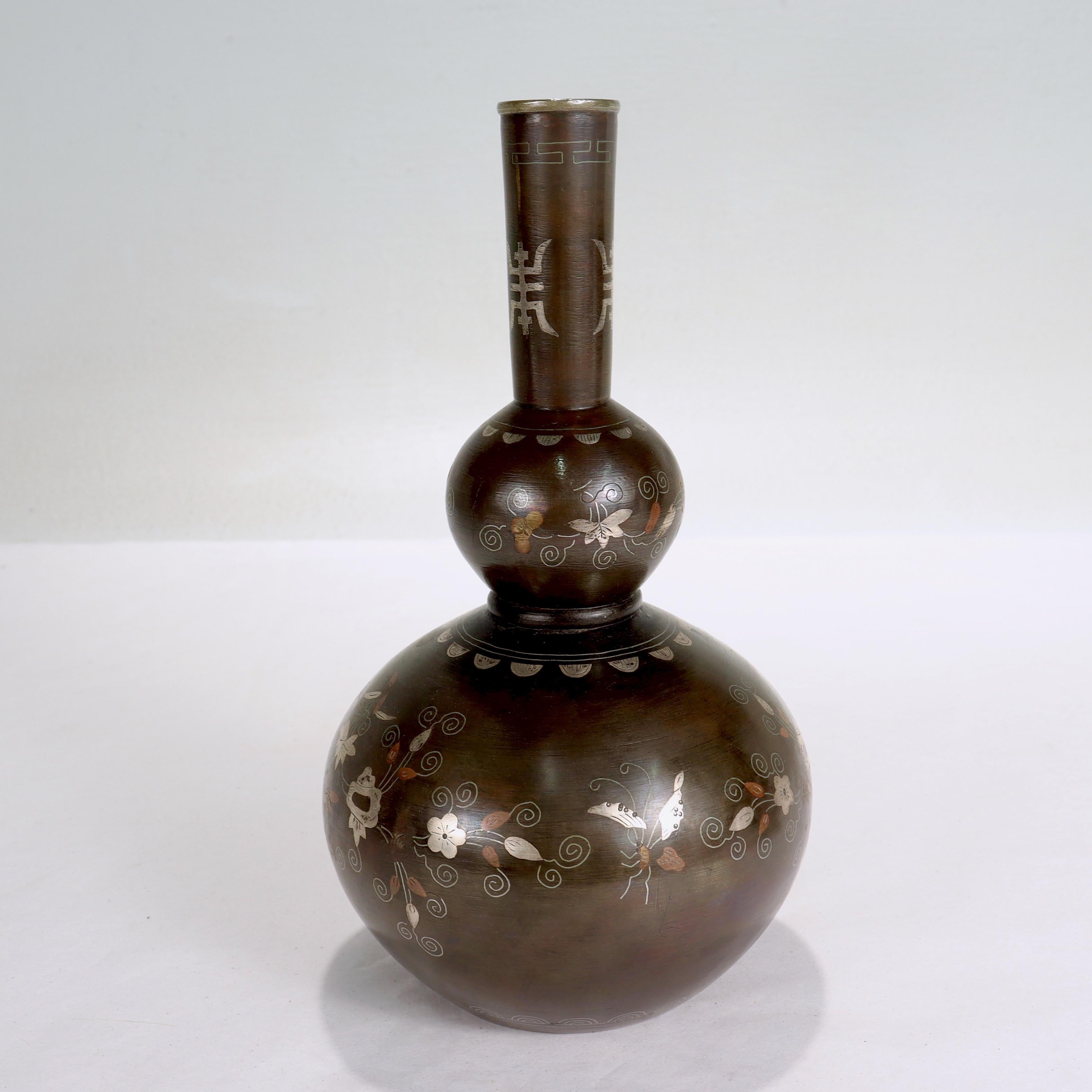 Inlay Antique Signed Japanese Meiji Period Mixed Metals Bronze Double Gourd Form Vase  For Sale