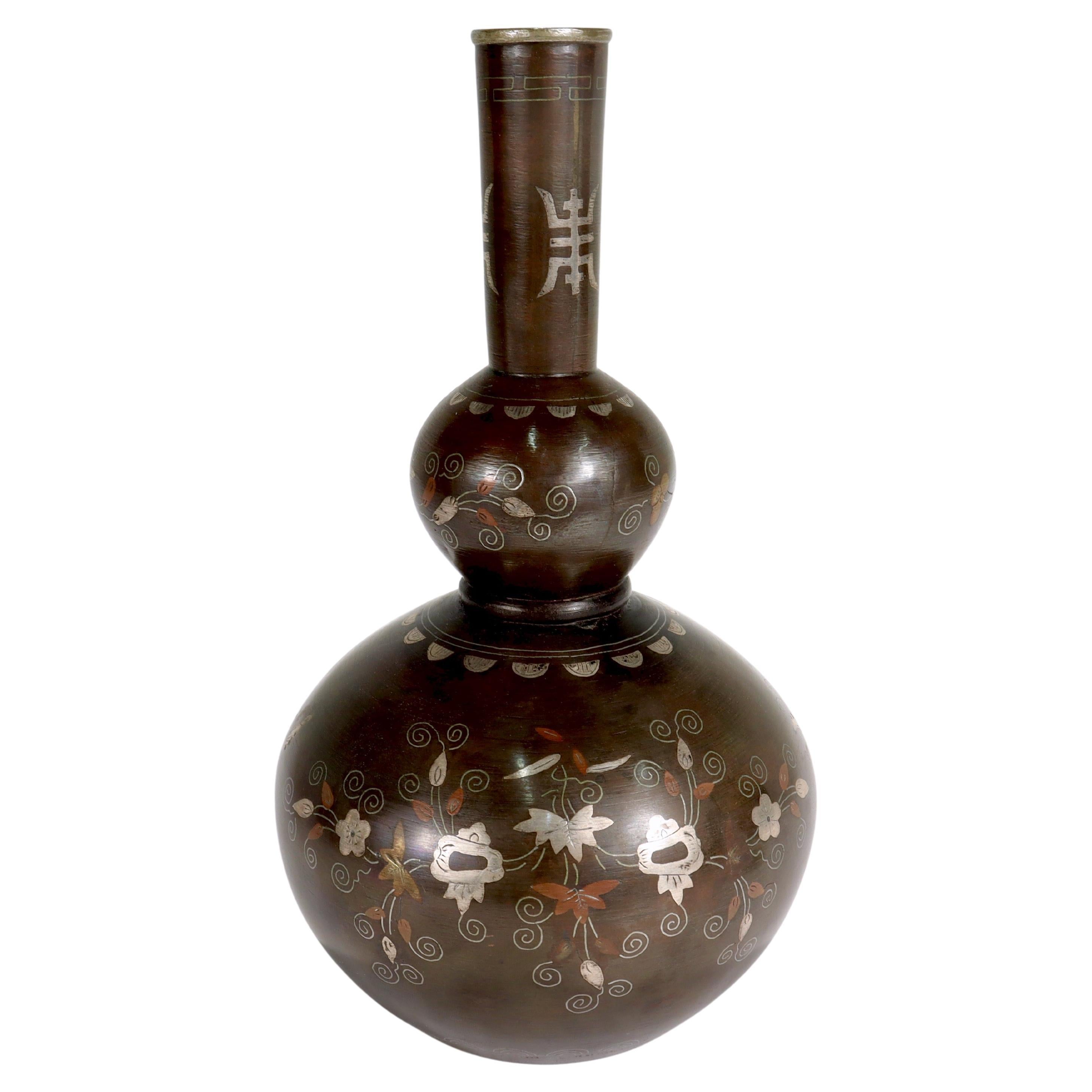Antique Signed Japanese Meiji Period Mixed Metals Bronze Double Gourd Form Vase  For Sale
