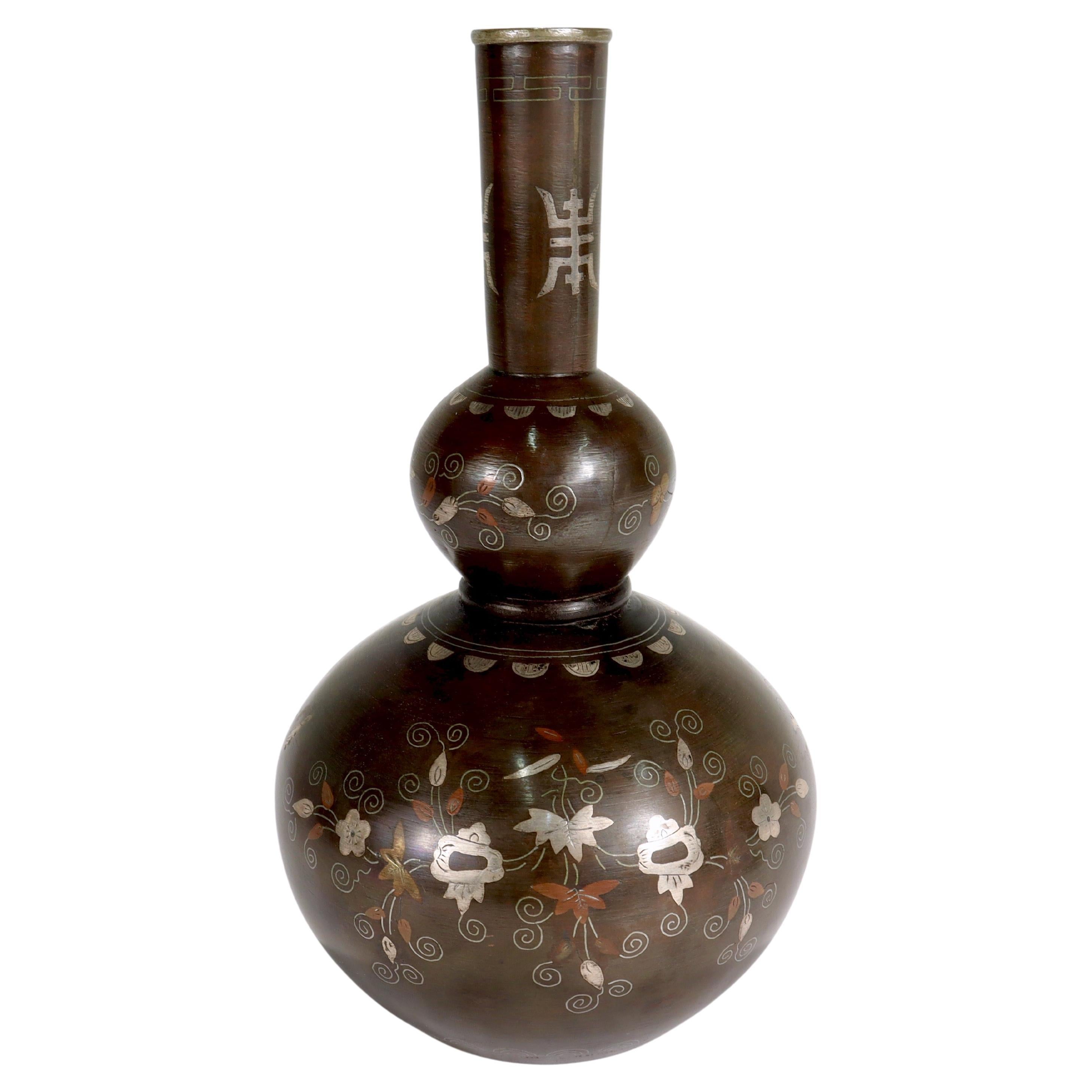 Antiguo Jarrón de Bronce con Forma de Calabaza Doble Firmado Japonés Periodo Meiji