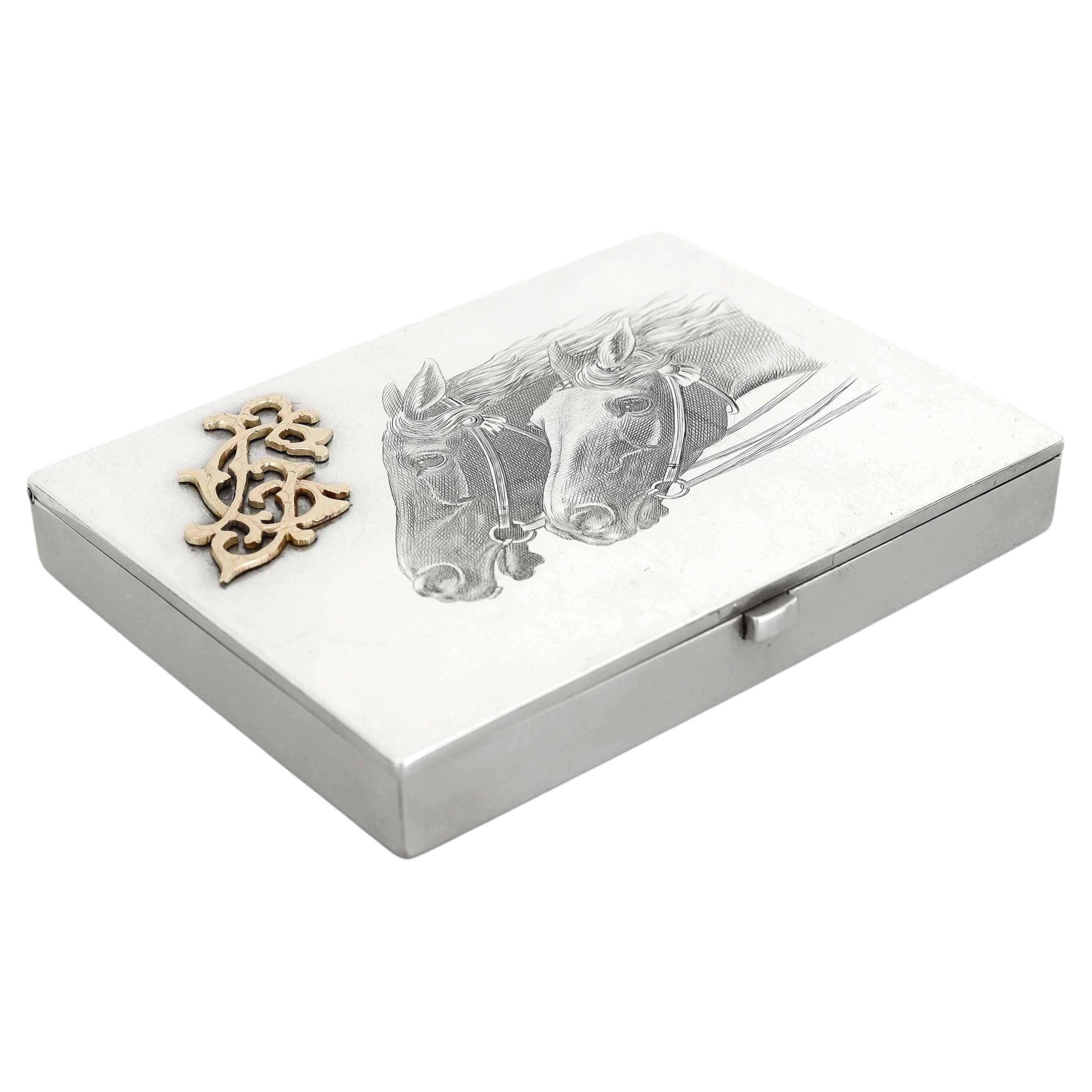 Antique Signed Konstantin Skvortsov Russian Silver & Gold Horses Cigarette Box For Sale
