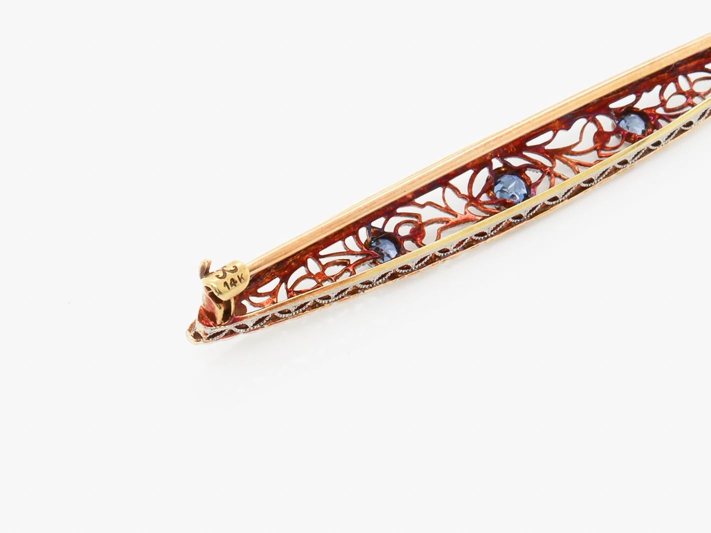 Antique Signed Krementz 14K Gold & Blue Topaz Filigree Bar Pin or Brooch For Sale 4