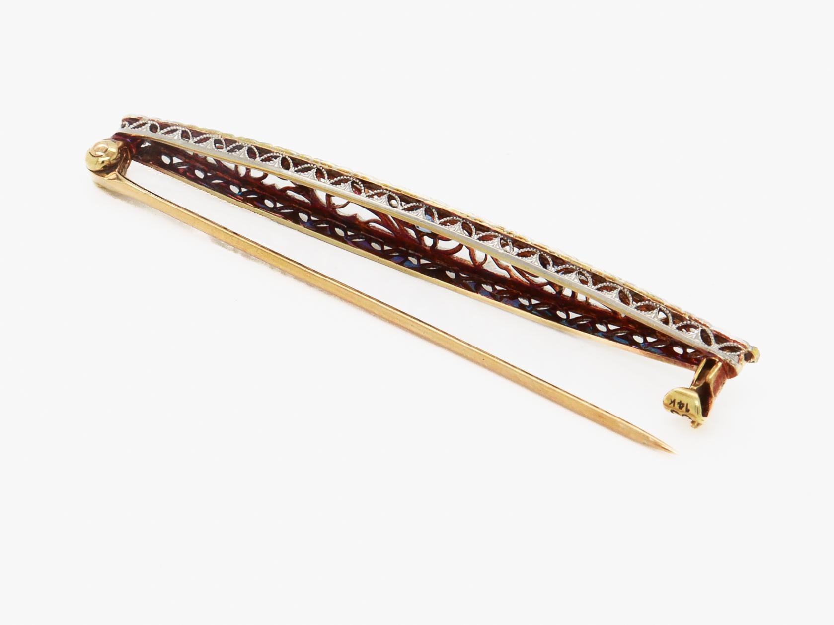 Antique Signed Krementz 14K Gold & Blue Topaz Filigree Bar Pin or Brooch For Sale 5
