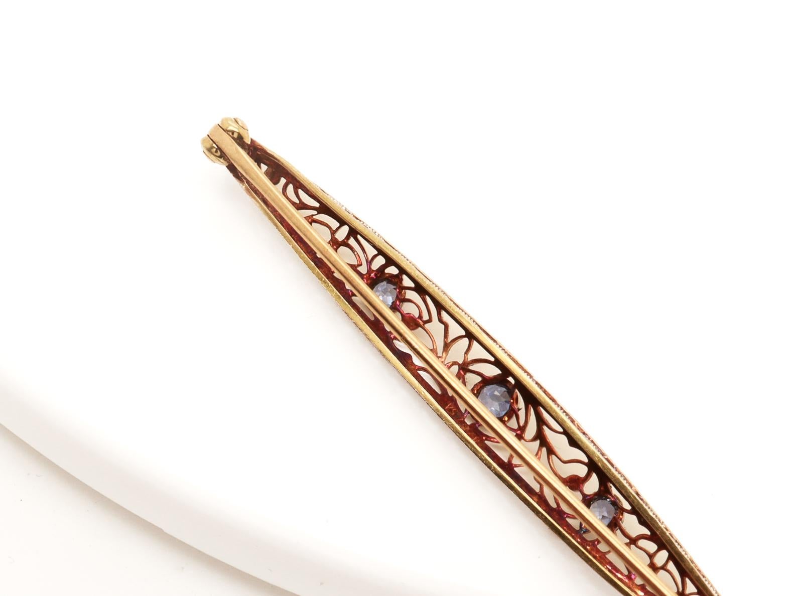 Antique Signed Krementz 14K Gold & Blue Topaz Filigree Bar Pin or Brooch For Sale 6