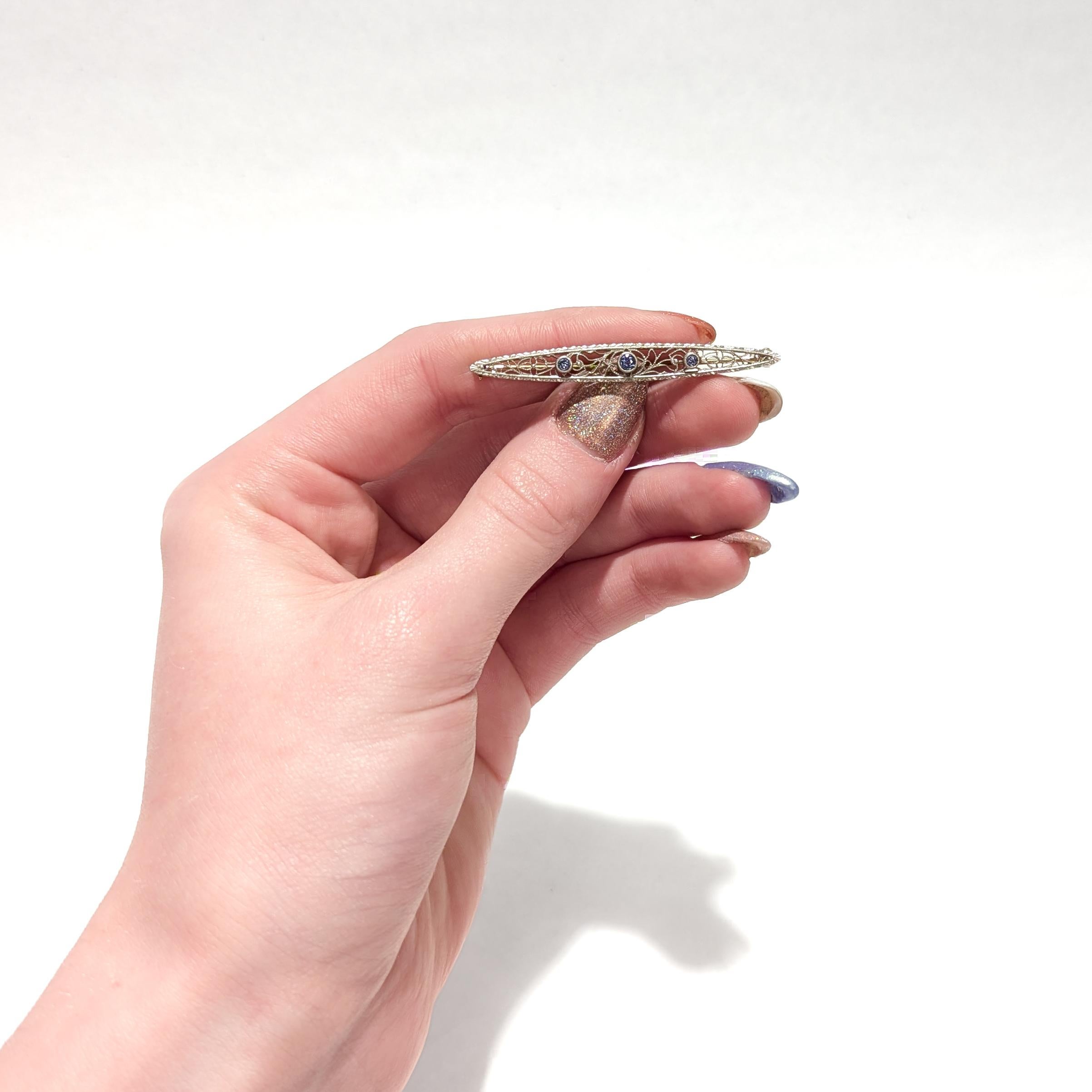 Art Nouveau Antique Signed Krementz 14K Gold & Blue Topaz Filigree Bar Pin or Brooch For Sale