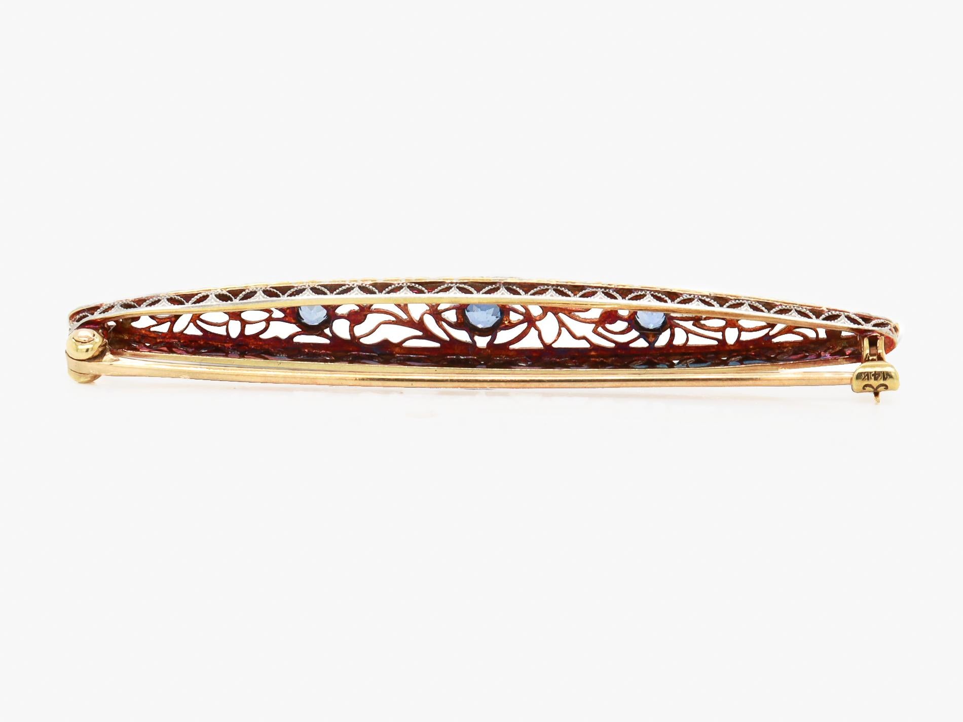 Antique Signed Krementz 14K Gold & Blue Topaz Filigree Bar Pin or Brooch For Sale 2