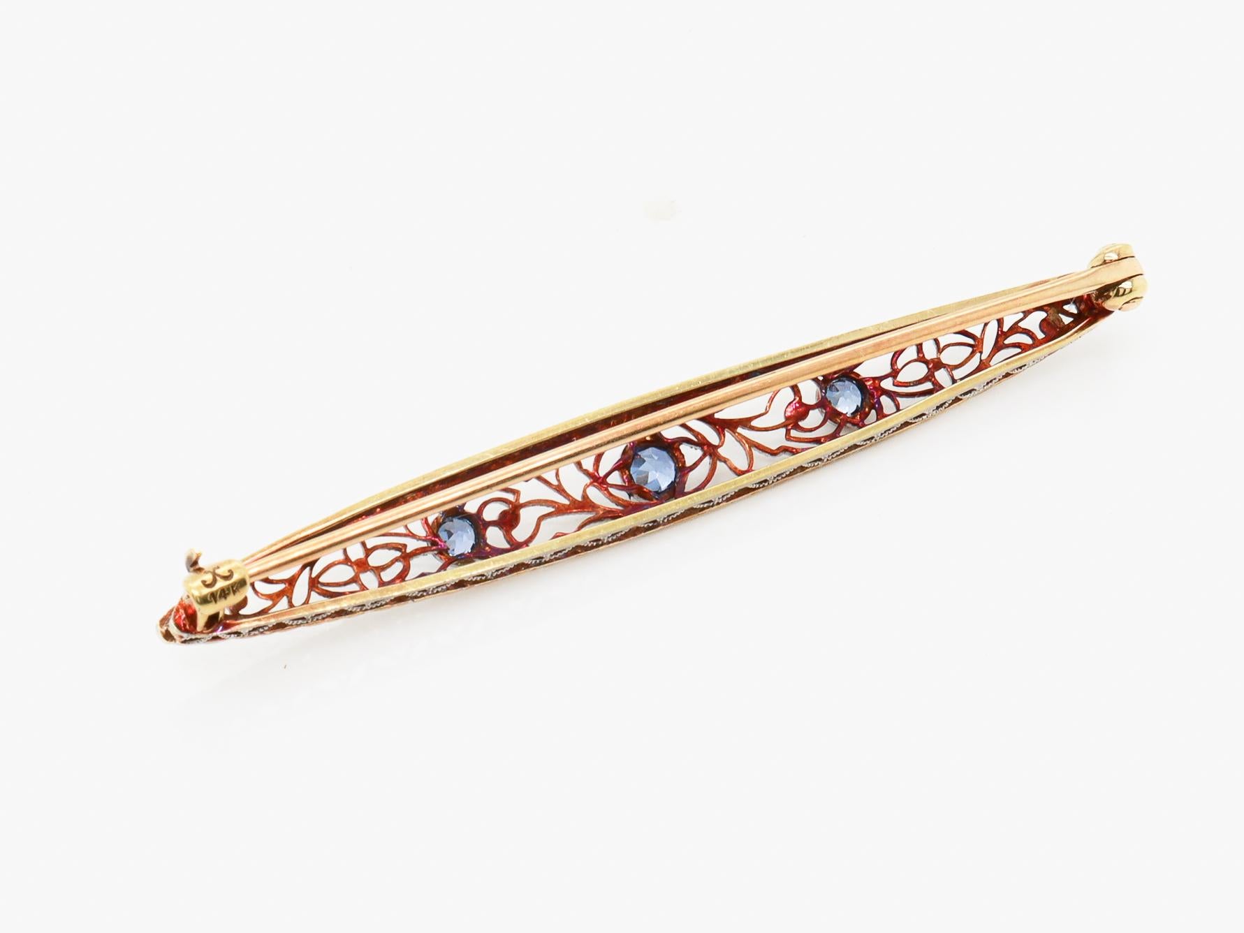 Antique Signed Krementz 14K Gold & Blue Topaz Filigree Bar Pin or Brooch For Sale 3