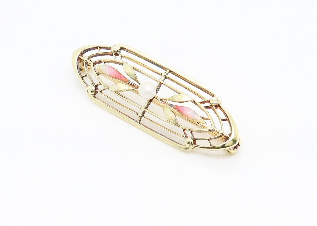 Broche ou épingle ancienne Art Nouveau signée Krementz en or 14 carats, émail et perles en vente 4