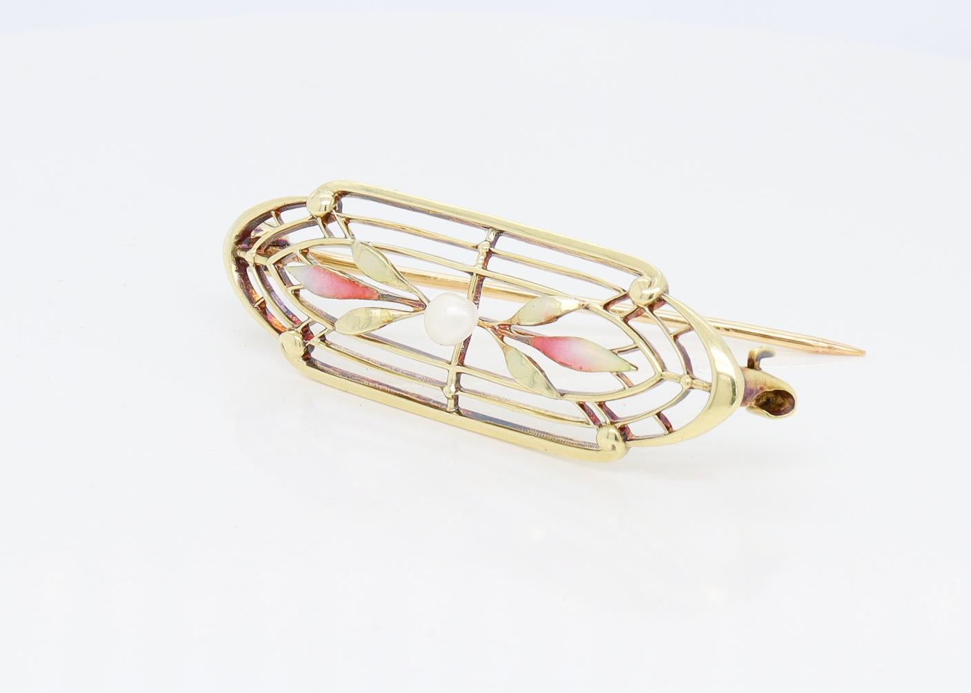 Broche ou épingle ancienne Art Nouveau signée Krementz en or 14 carats, émail et perles en vente 5