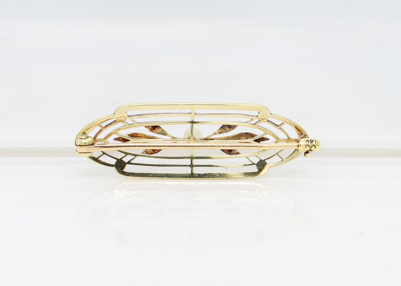Broche ou épingle ancienne Art Nouveau signée Krementz en or 14 carats, émail et perles en vente 6