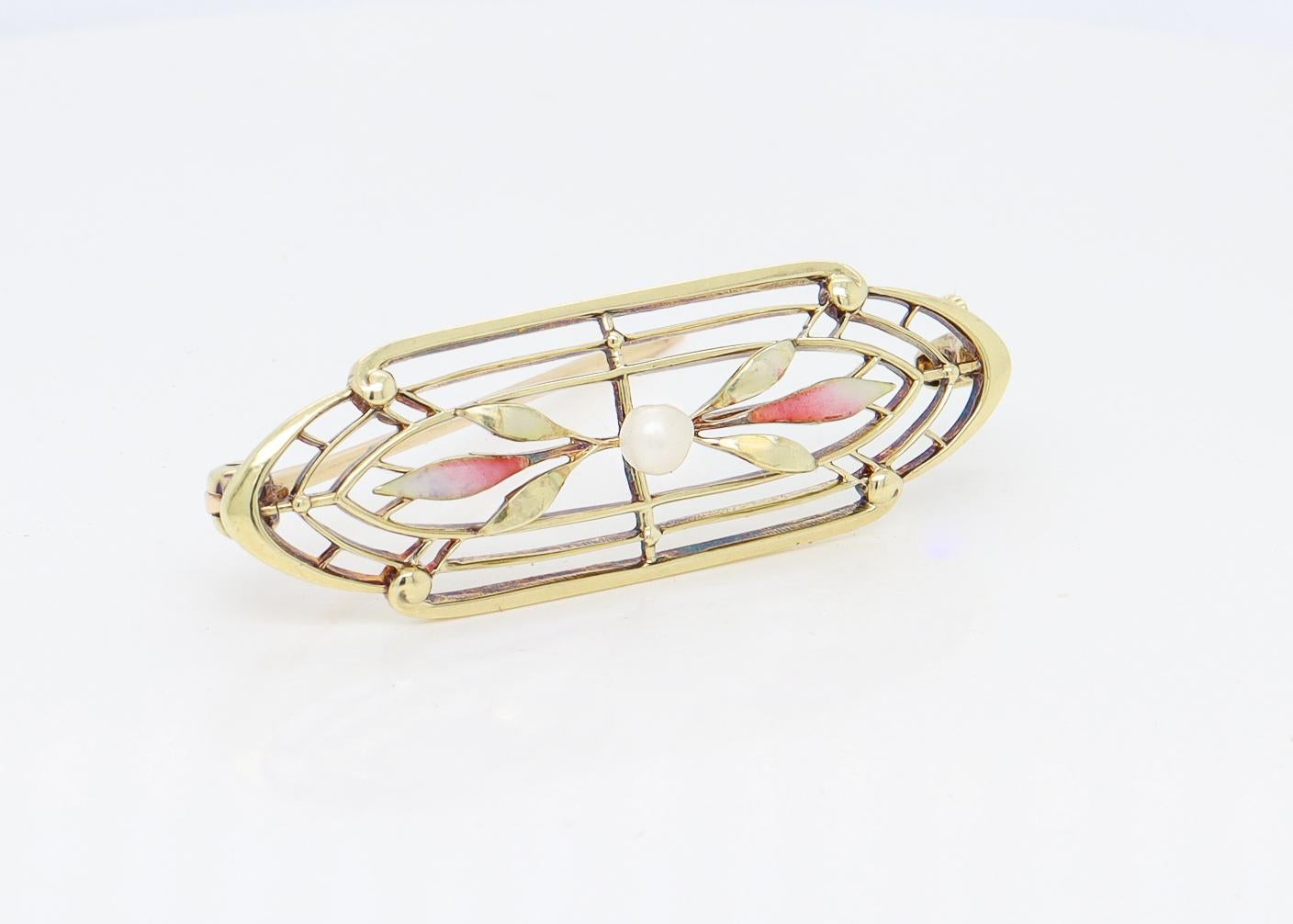 Broche ou épingle ancienne Art Nouveau signée Krementz en or 14 carats, émail et perles en vente 7