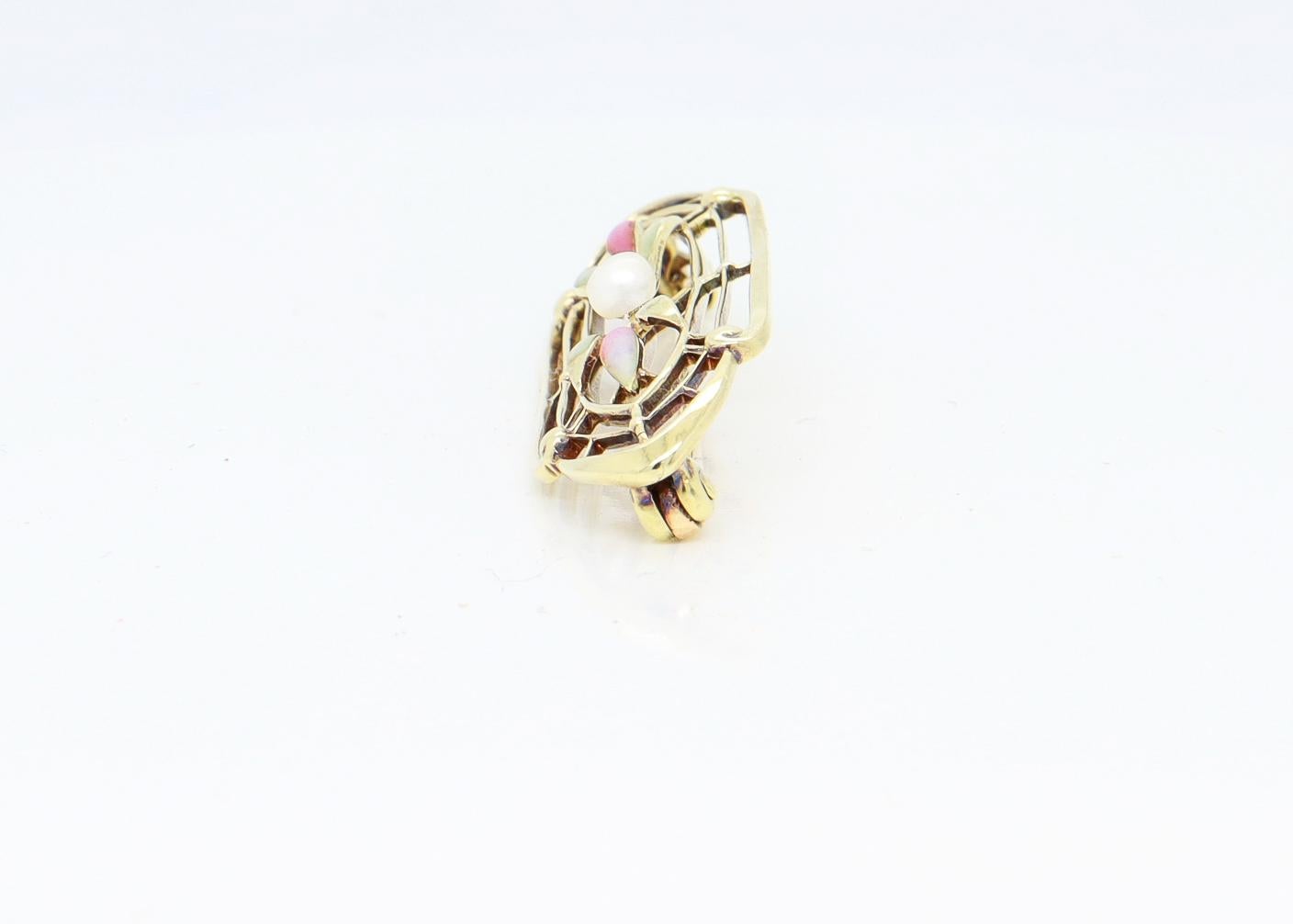 Broche ou épingle ancienne Art Nouveau signée Krementz en or 14 carats, émail et perles en vente 8