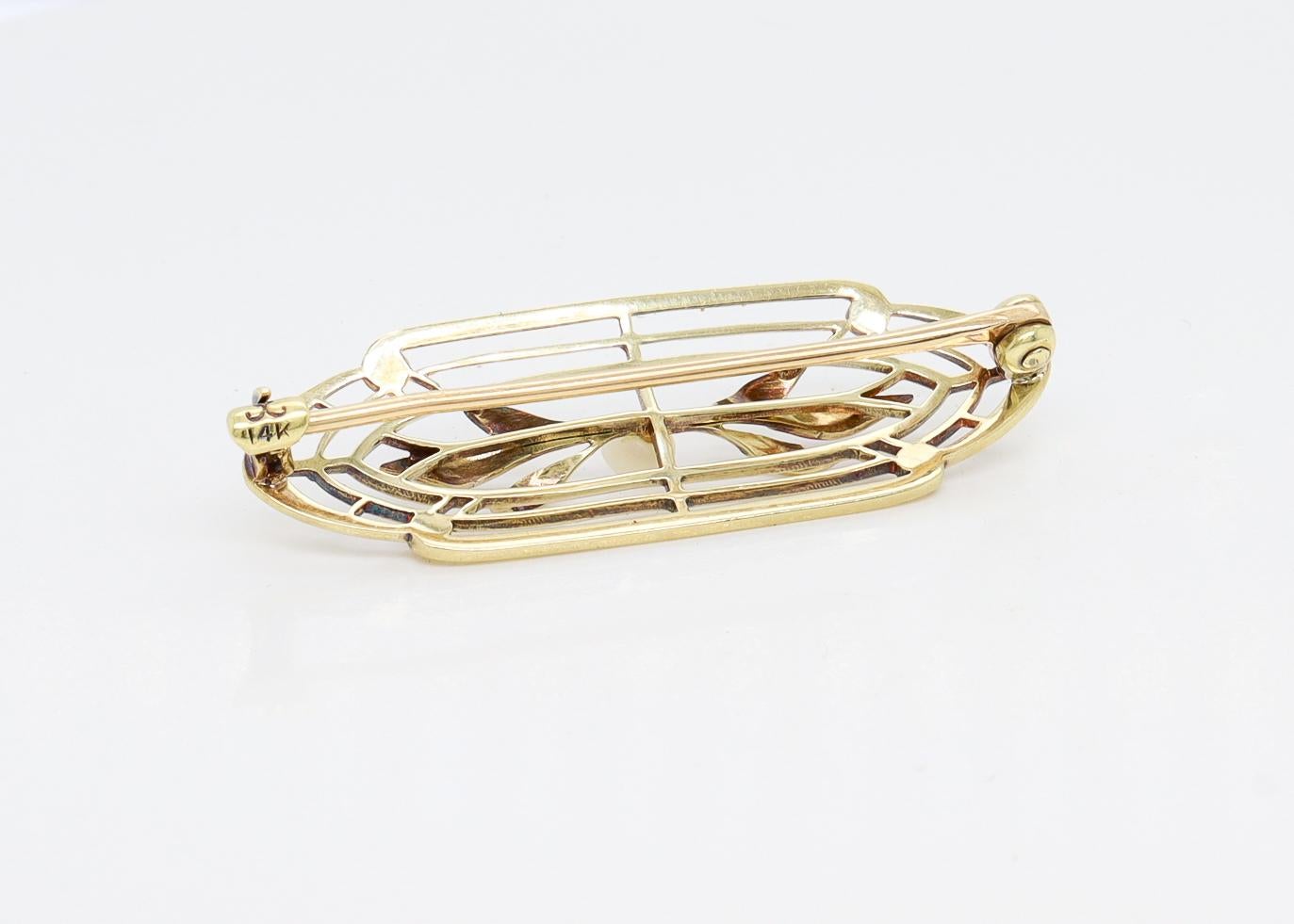 Broche ou épingle ancienne Art Nouveau signée Krementz en or 14 carats, émail et perles en vente 10