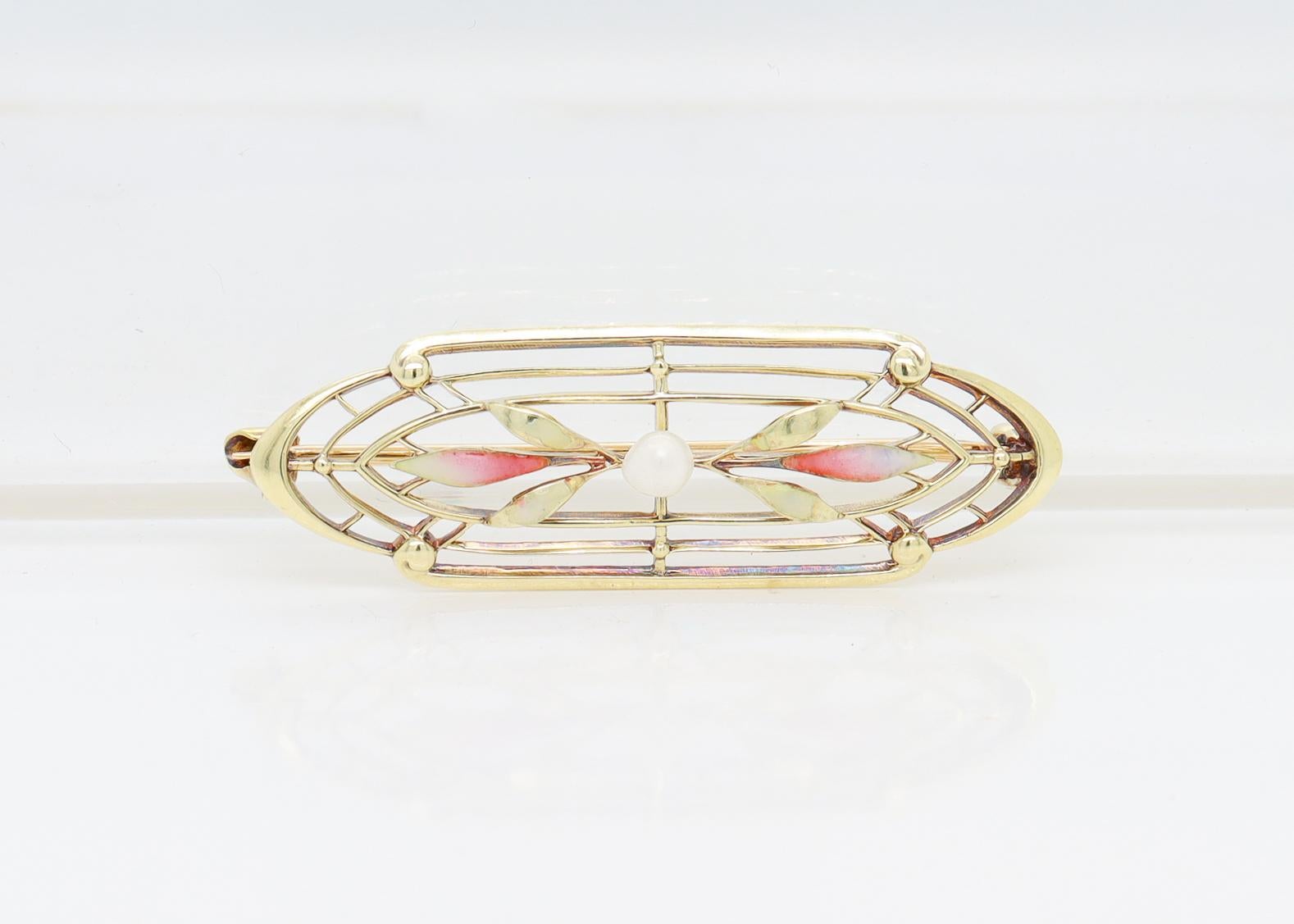Broche ou épingle ancienne Art Nouveau signée Krementz en or 14 carats, émail et perles État moyen - En vente à Philadelphia, PA