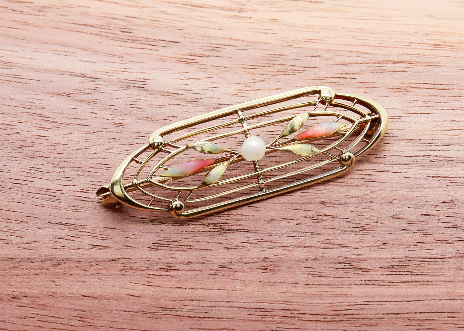 Broche ou épingle ancienne Art Nouveau signée Krementz en or 14 carats, émail et perles en vente 2