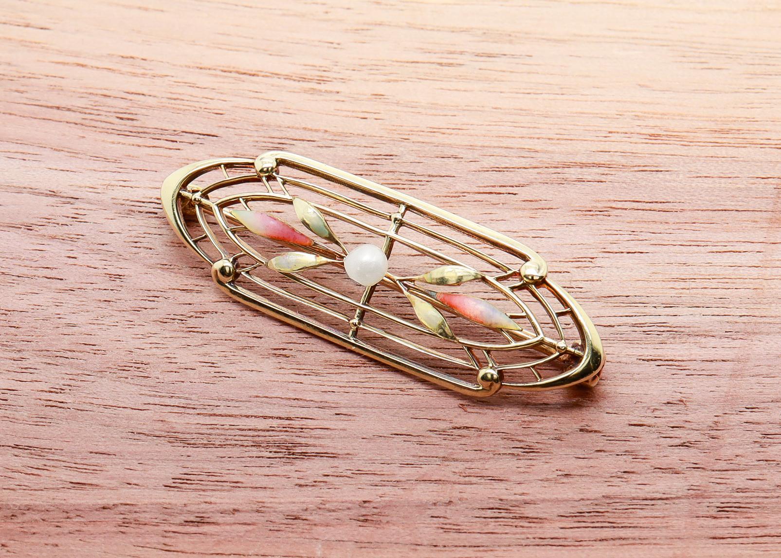 Broche ou épingle ancienne Art Nouveau signée Krementz en or 14 carats, émail et perles en vente 3