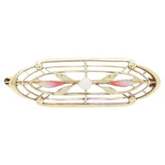 Antique Signed Krementz Art Nouveau 14K Gold, Enamel, & Pearl Brooch or Pin