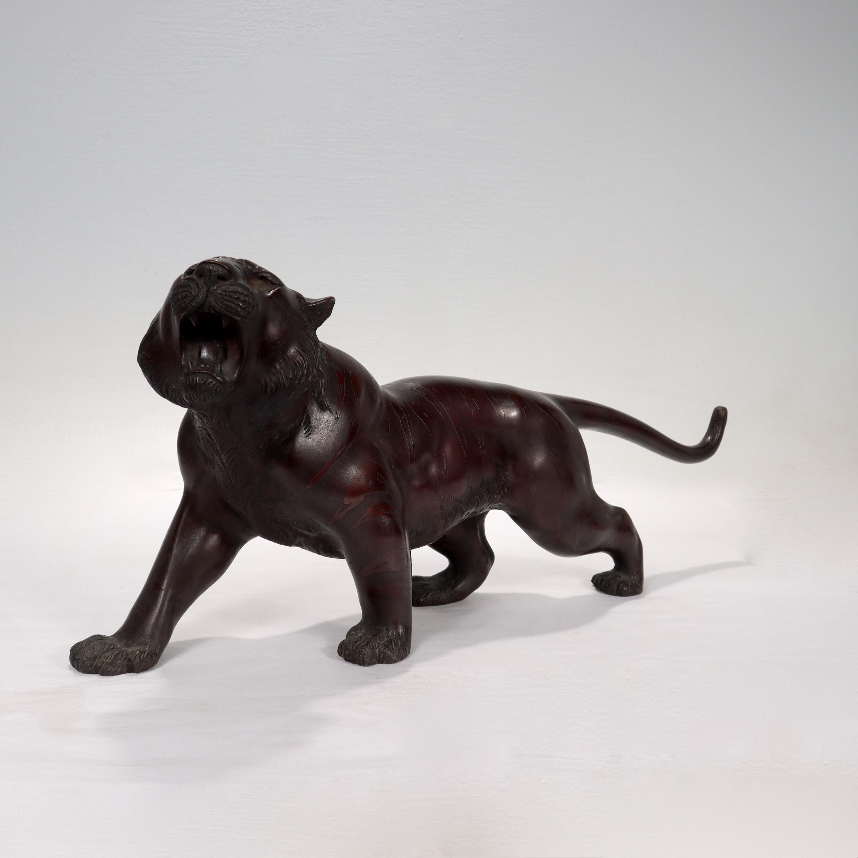 Antique Signed Meiji Period Japanese Bronze Tiger Sculpture 9