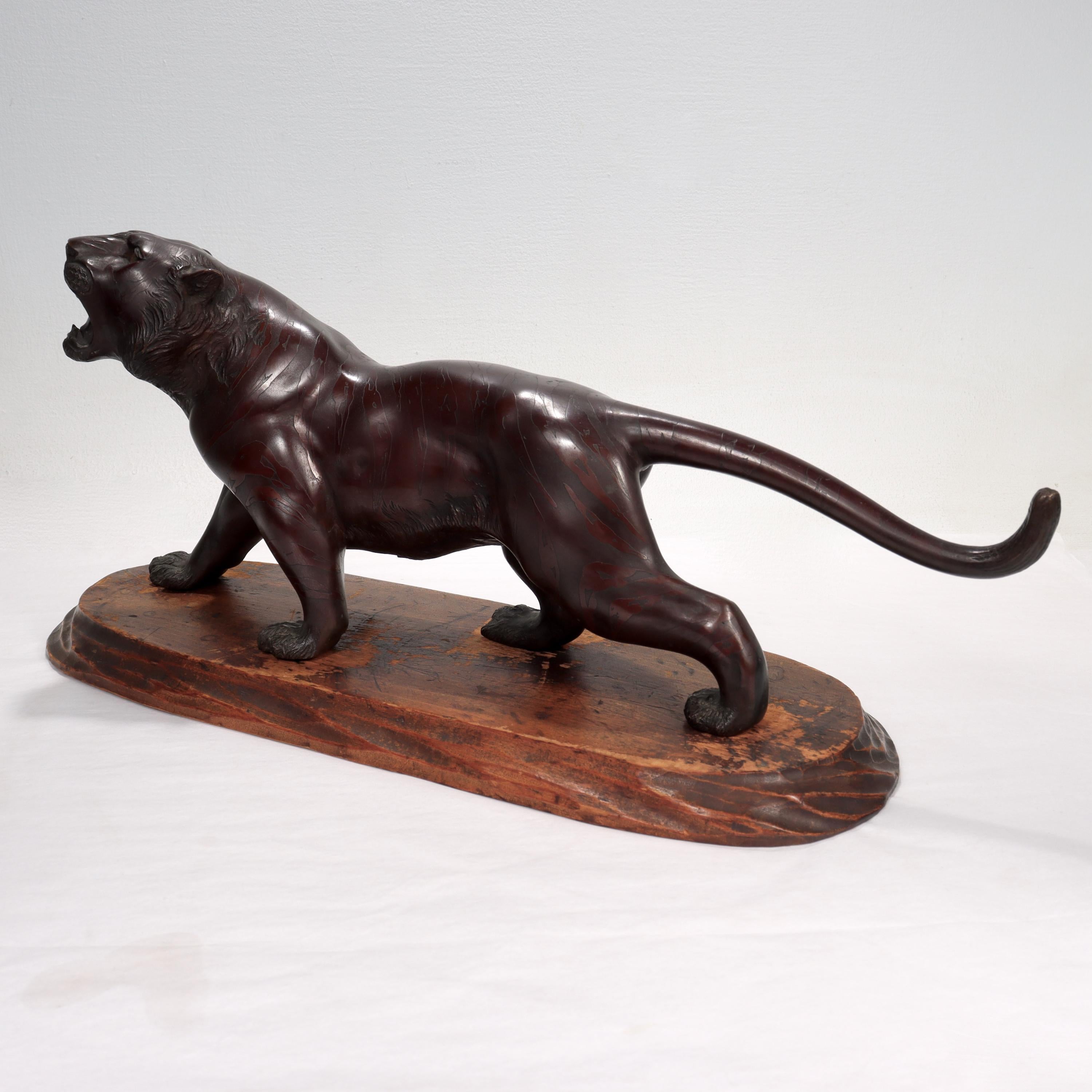 Antique Signed Meiji Period Japanese Bronze Tiger Sculpture In Fair Condition In Philadelphia, PA