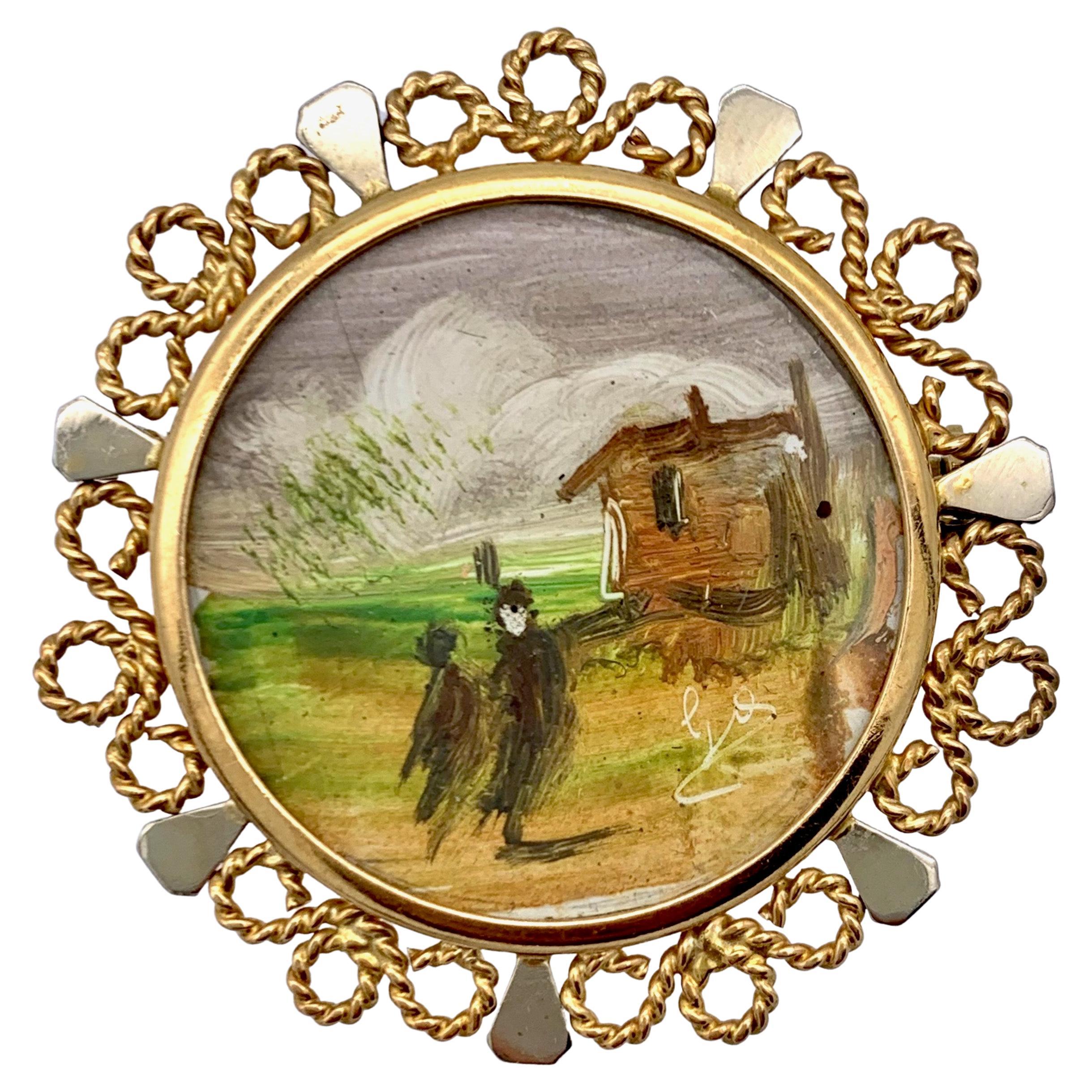 Broche ancienne en or 18 carats représentant une peinture de paysage miniature, signée à la gouache sur carte