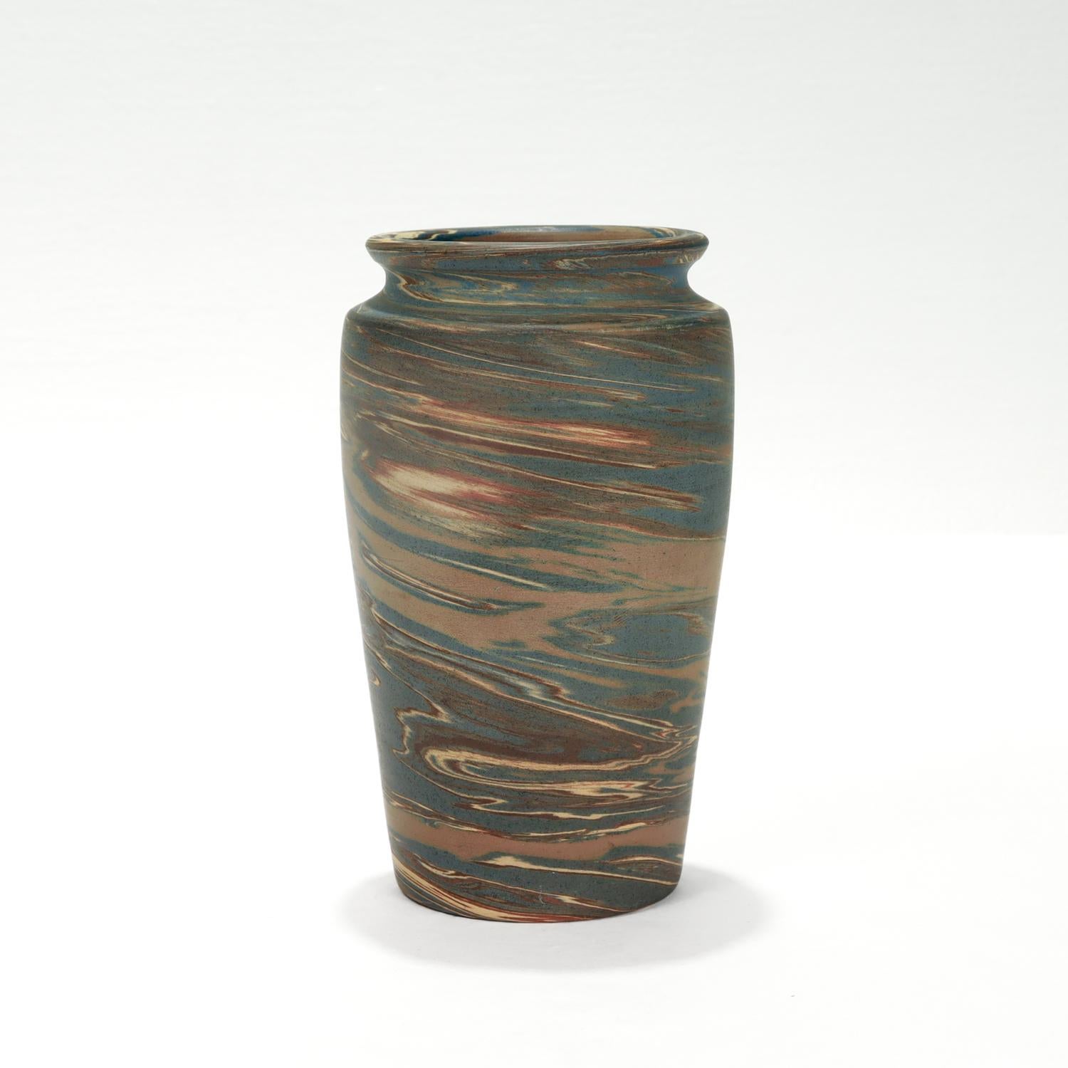 Arts and Crafts Antique Signed Niloak Marbleized Mission Swirl Ozark Pottery Vase For Sale