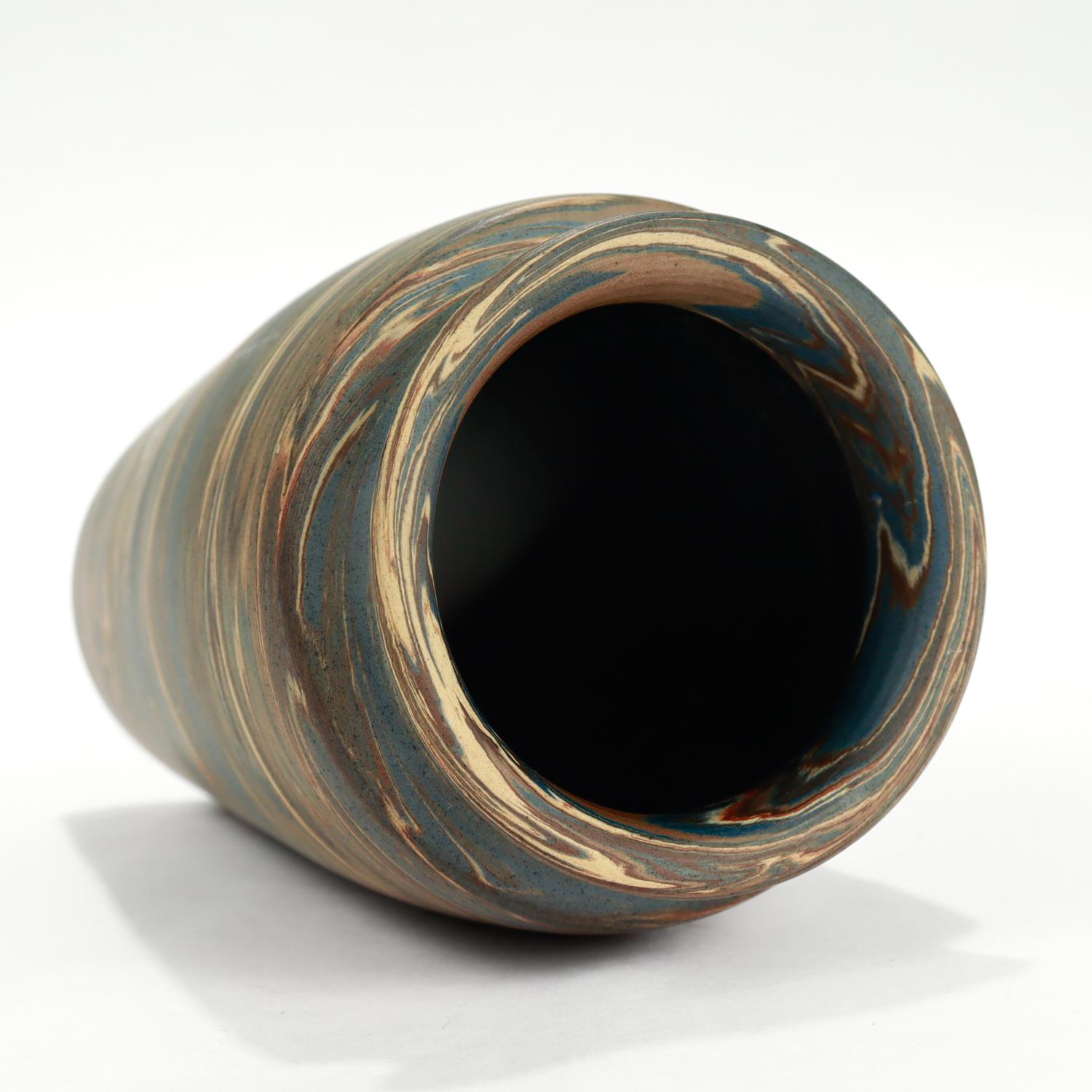 Ceramic Antique Signed Niloak Marbleized Mission Swirl Ozark Pottery Vase For Sale