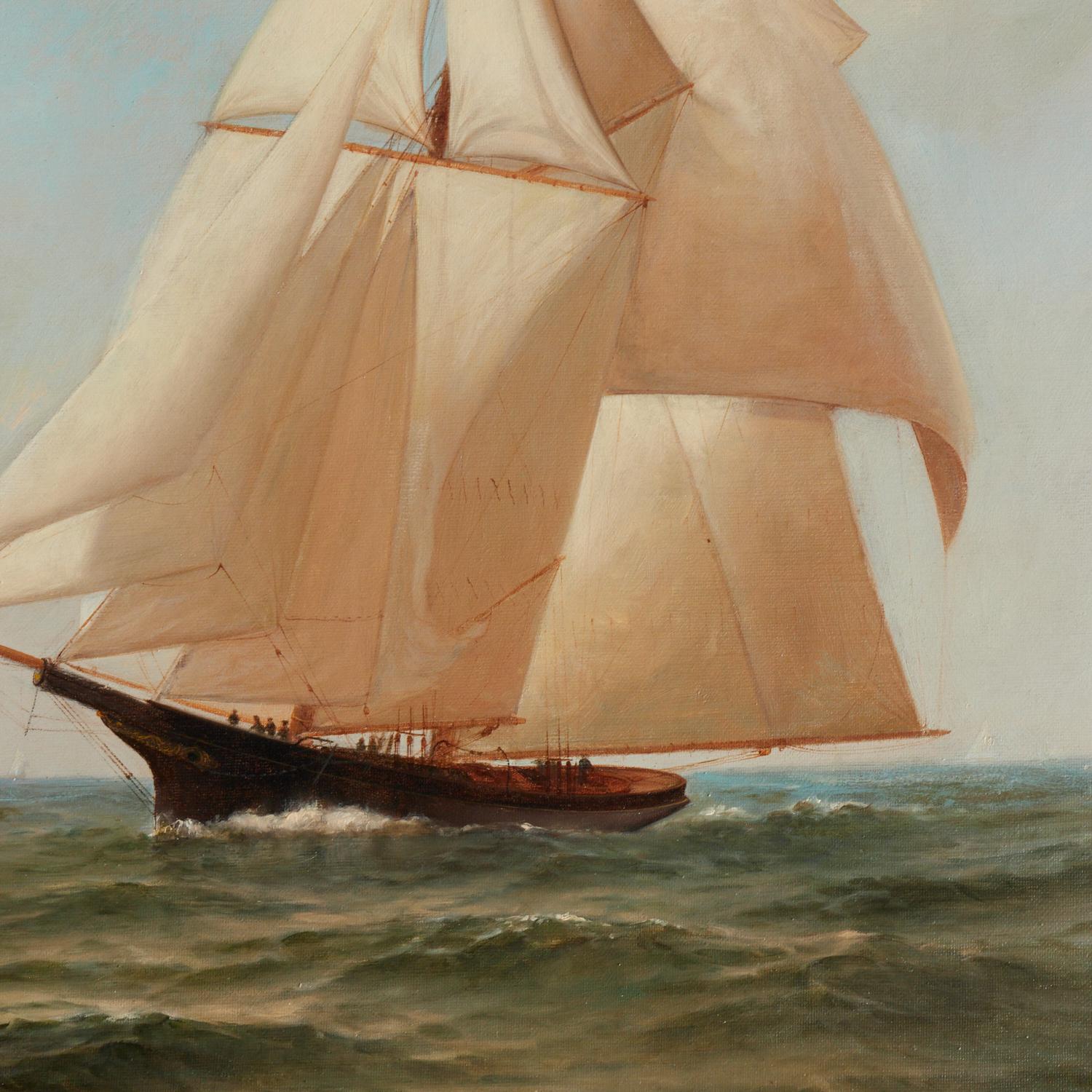 Warren W. Sheppard (américain, 1858-1937), Course de voiliers, peut-être la Coupe de l'America, signé en bas à droite. Le yacht au premier plan semble battre le pavillon du New York Yacht Club.

Le tableau se trouve dans un joli cadre en bois doré