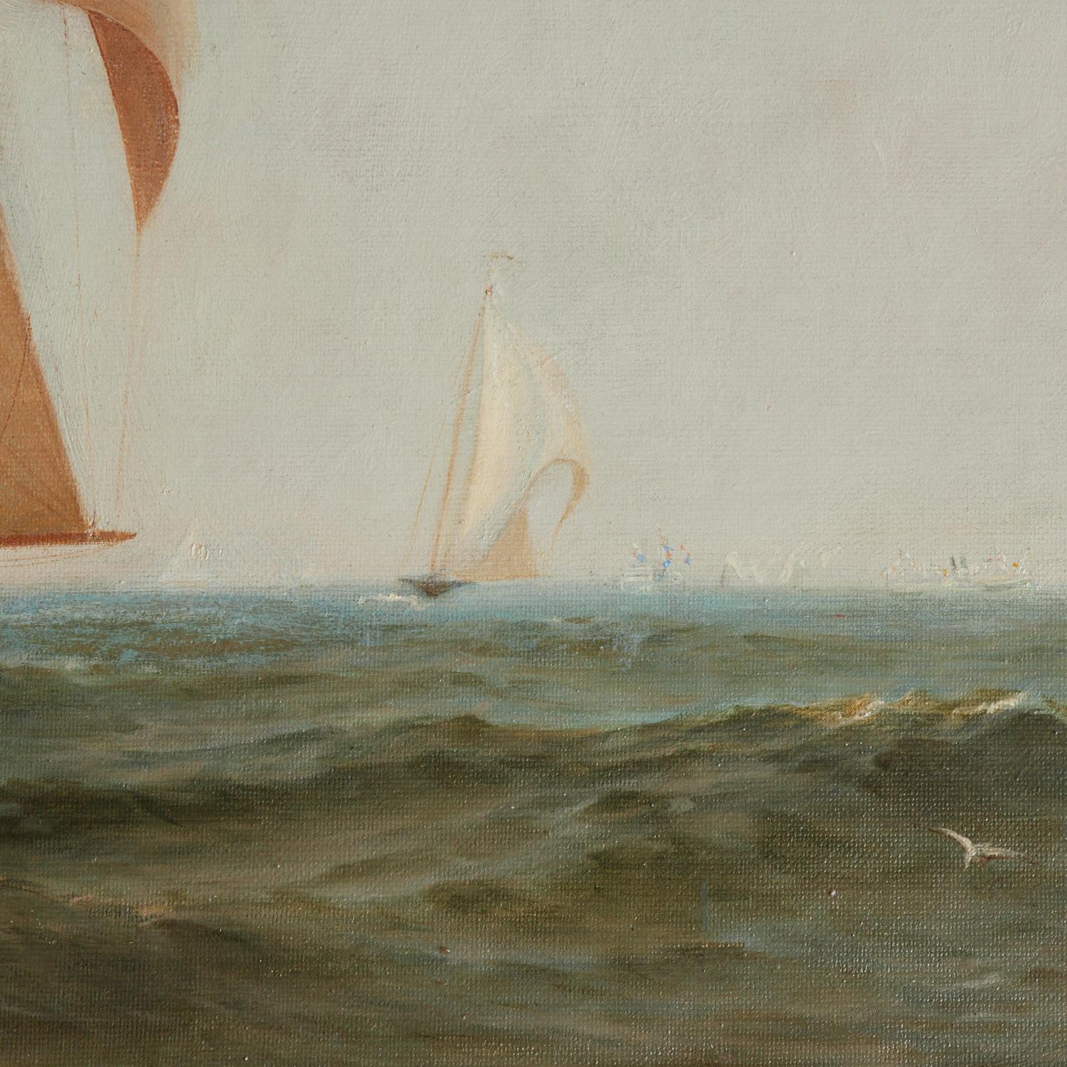 Gilt Antique Signed Oil on Canvas Warren W. Sheppard, Likely an America's Cup Race  For Sale
