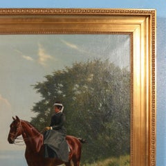 Antique Signed Oil Painting of Woman Riding Horseback Side Saddle