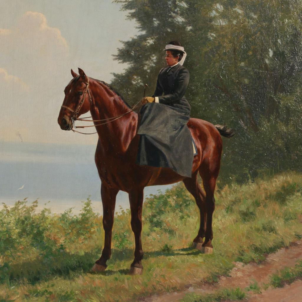 Danish Antique Signed Oil Painting of Woman Riding Horseback Side Saddle