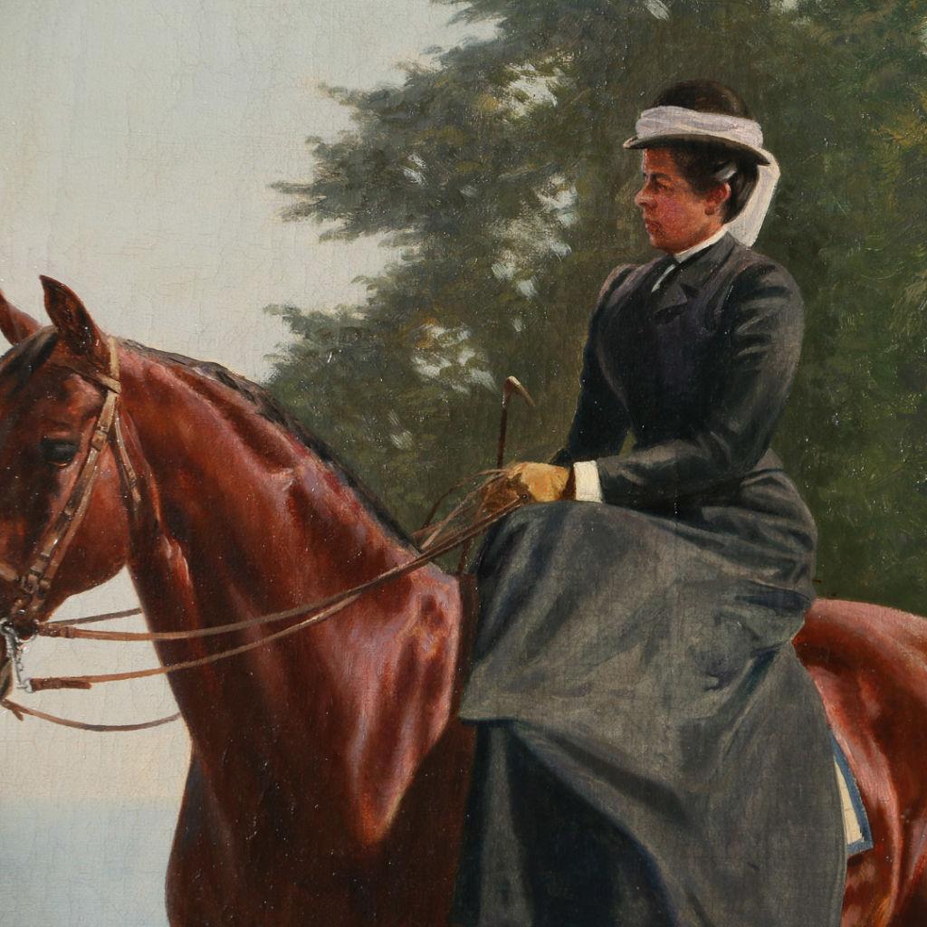 Antique Signed Oil Painting of Woman Riding Horseback Side Saddle In Good Condition In Round Top, TX