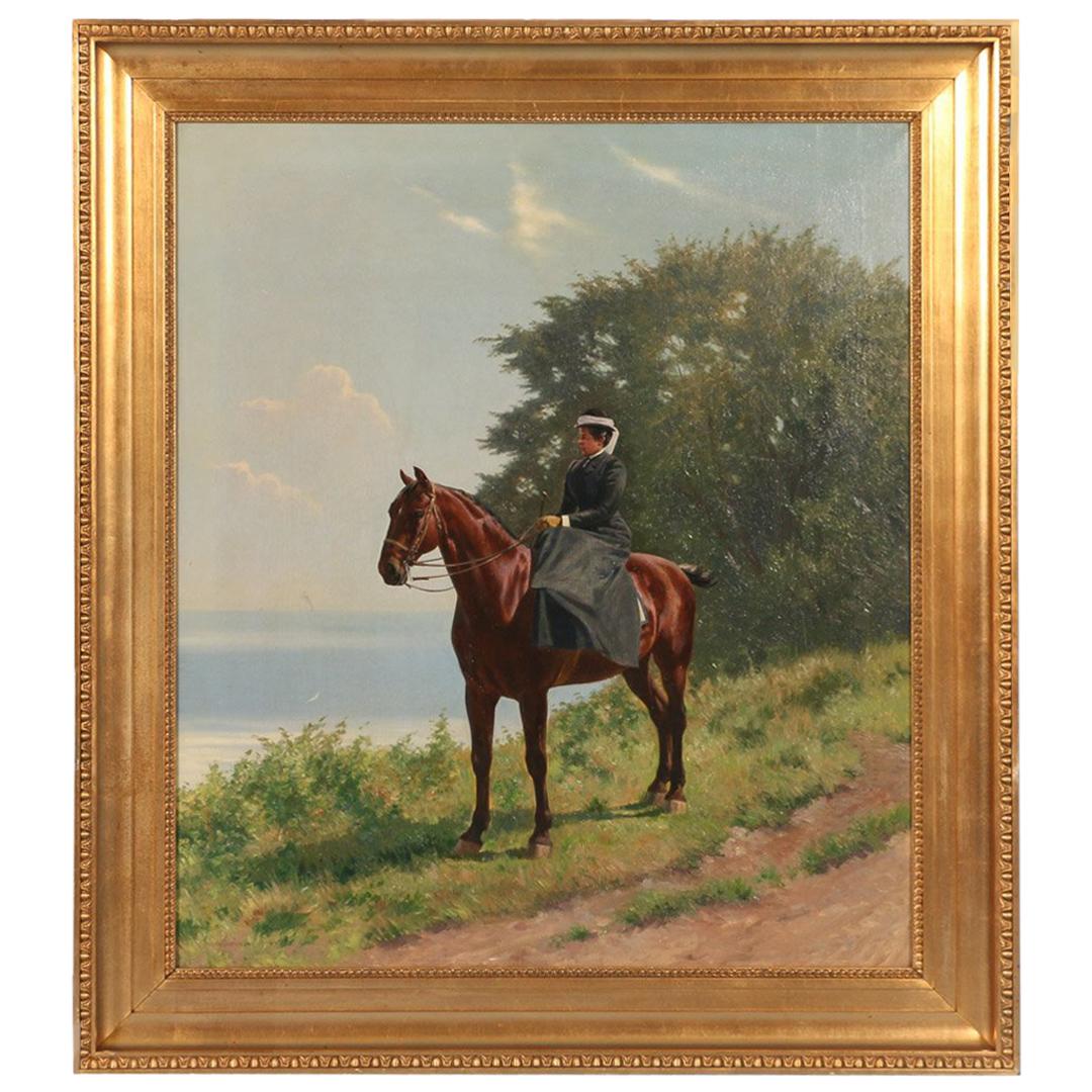 Antique Signed Oil Painting of Woman Riding Horseback Side Saddle