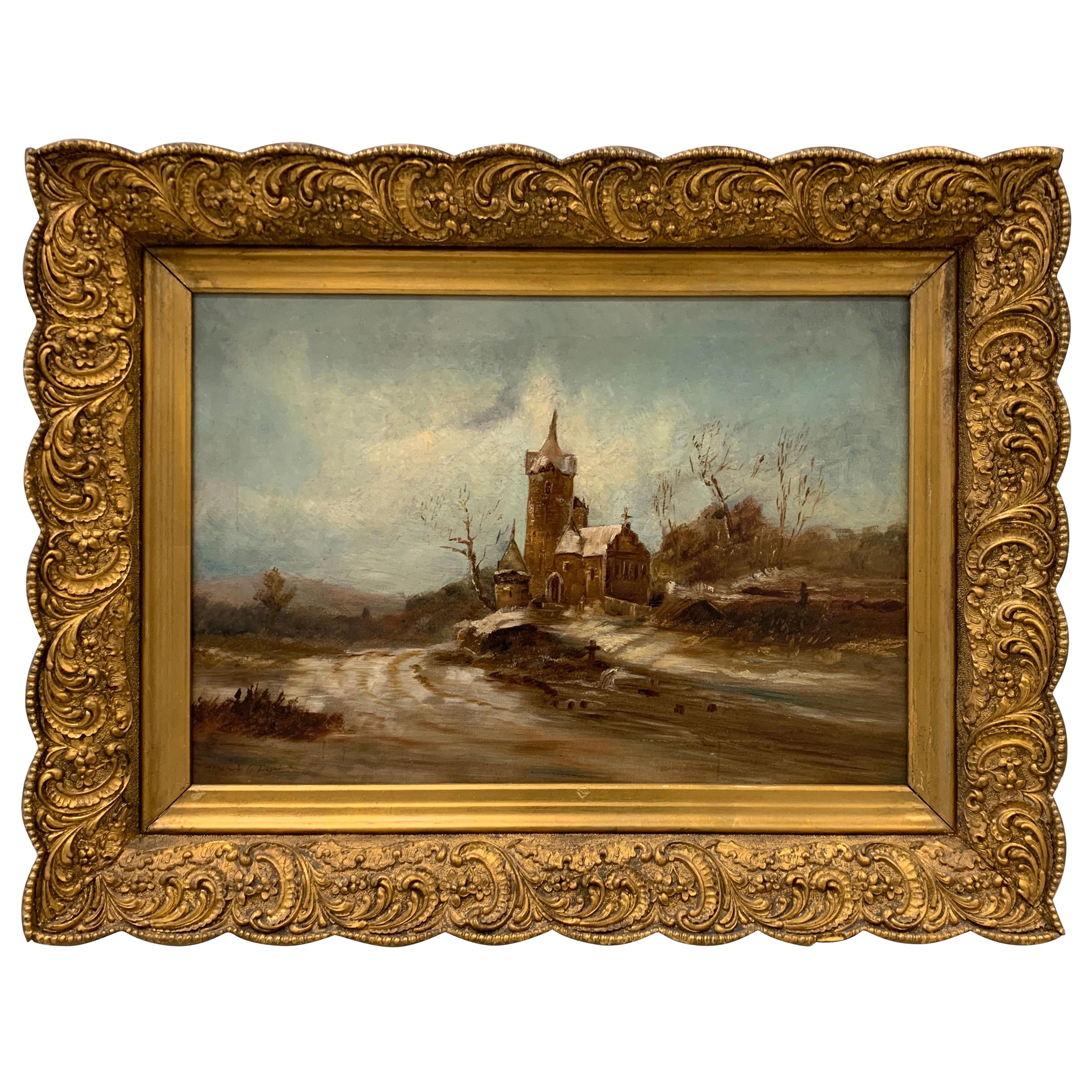 Antique Signed Original Oil Painting Landscape with Gothic Church