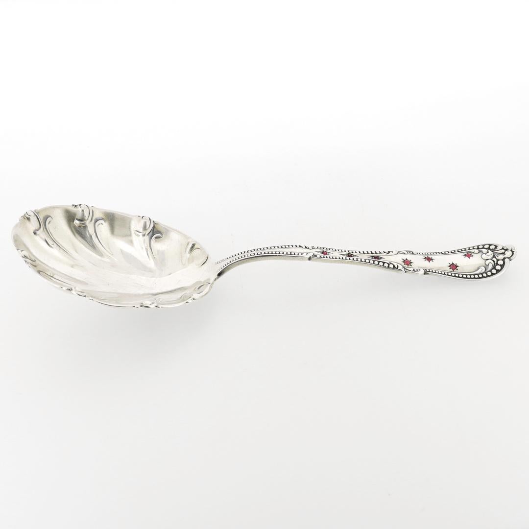 Art Deco Antique Signed Red Gem-Set American Sterling Silver Serving Spoon  For Sale