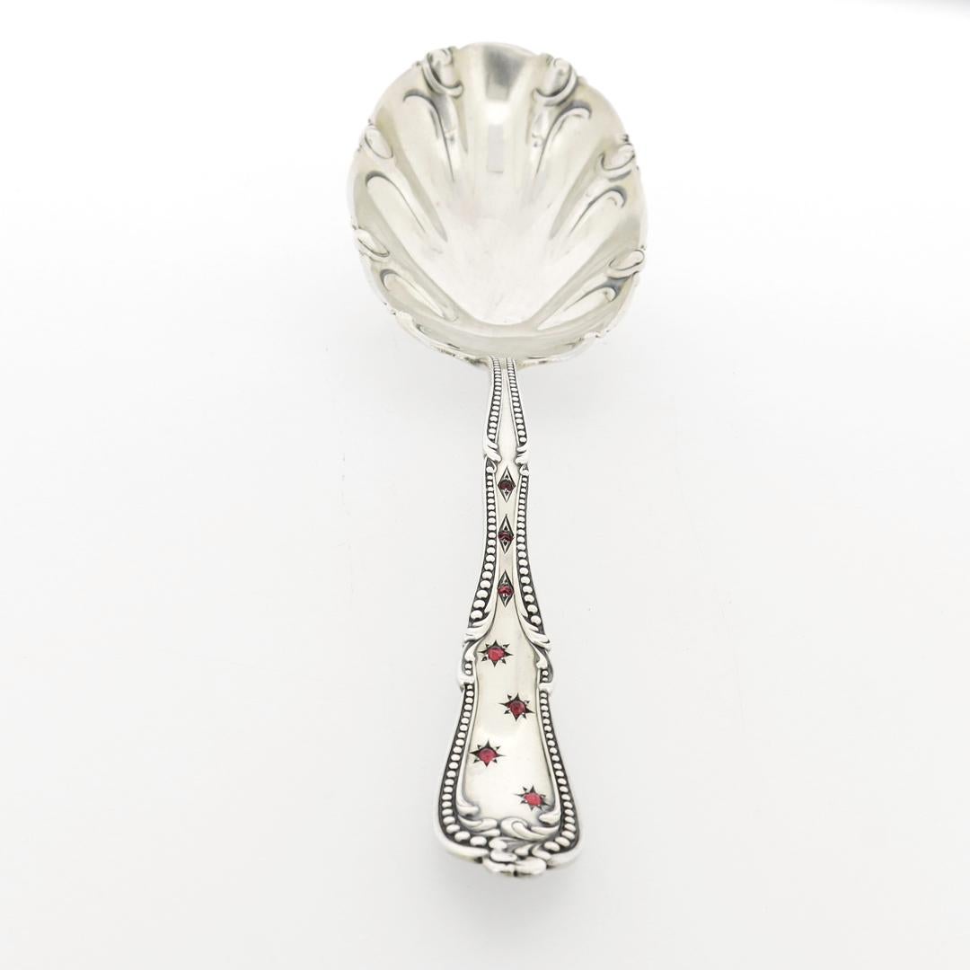 20th Century Antique Signed Red Gem-Set American Sterling Silver Serving Spoon  For Sale