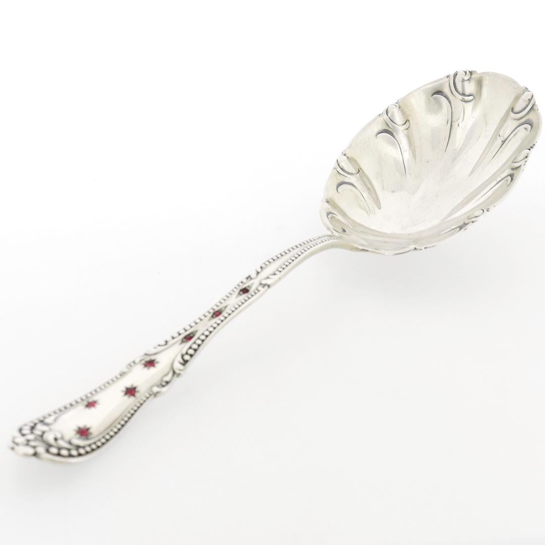 Antique Signed Red Gem-Set American Sterling Silver Serving Spoon  For Sale 2