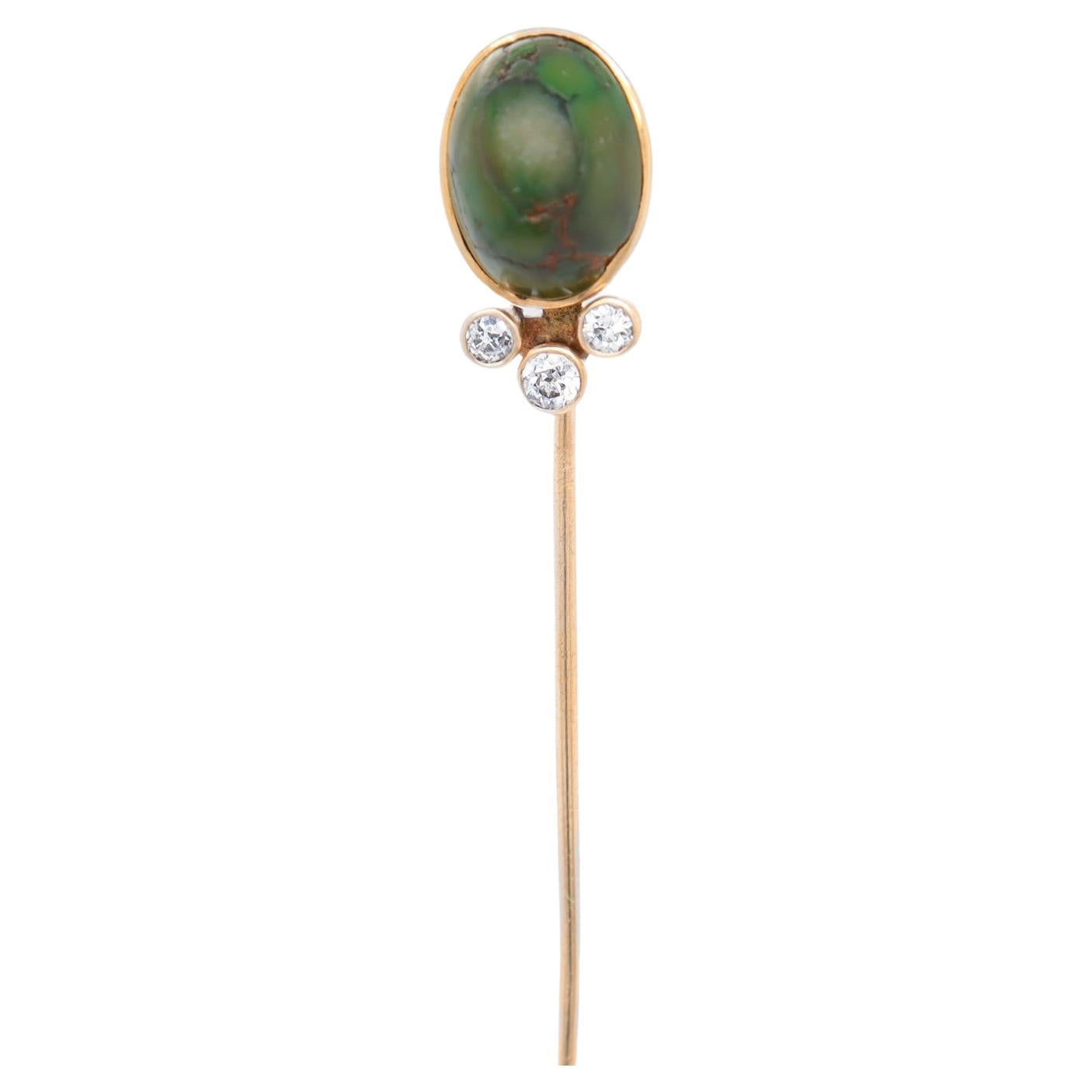 Antica spilla firmata Rees & Son in oro 14k, diamanti e turchese verde cabochon