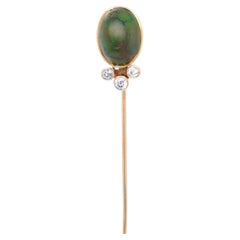 Épingle à cravate ancienne signée Rees & Son, en or 14 carats, diamants et turquoise verte cabochon