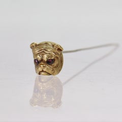 Antique Signed Sloan & Co 14K Gold Figural Bulldog Hat Pin with Ruby Eyes