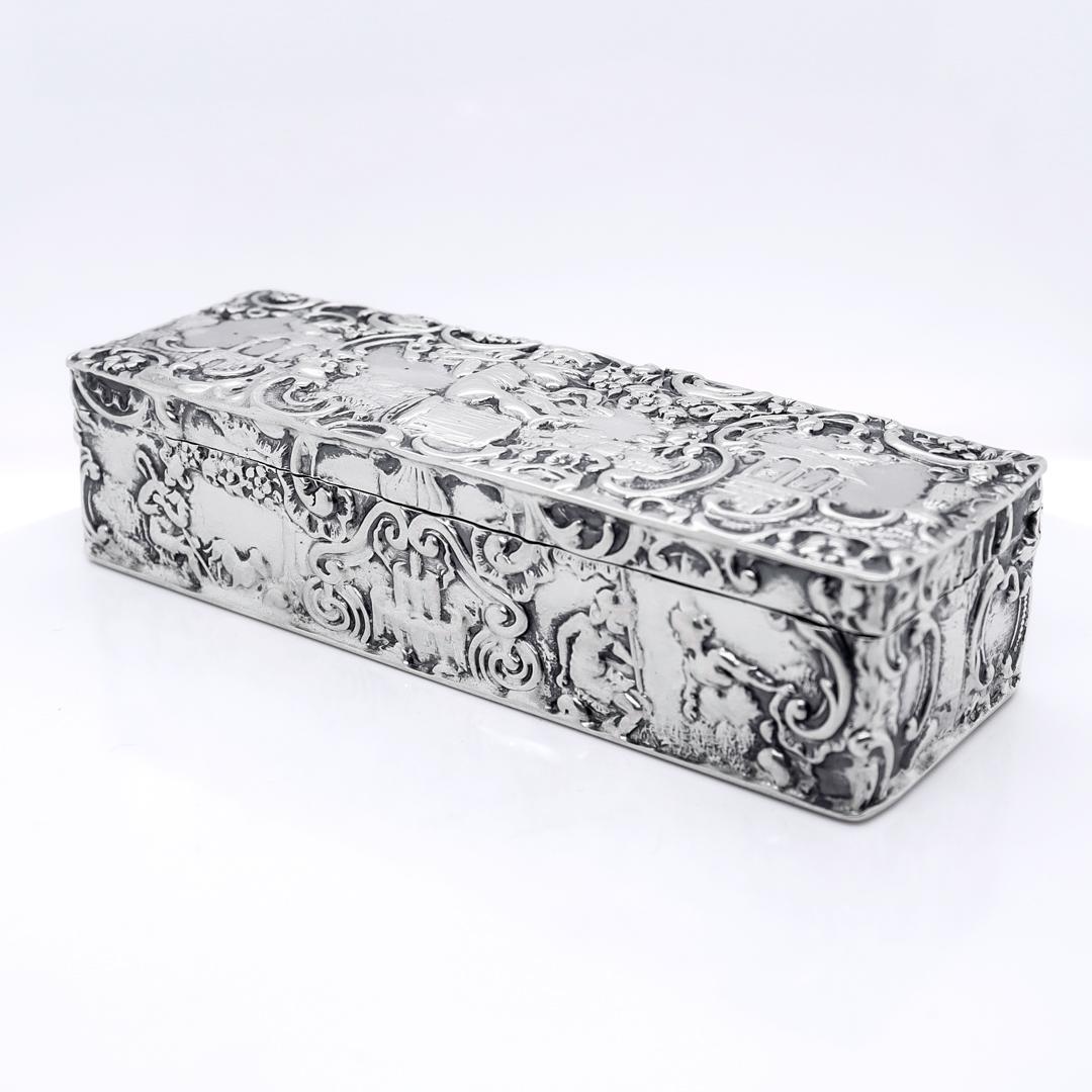 Women's or Men's Antique Signed Storck & Sinsheimer Rococo Style 800 Silver Repoussé Dresser Box For Sale