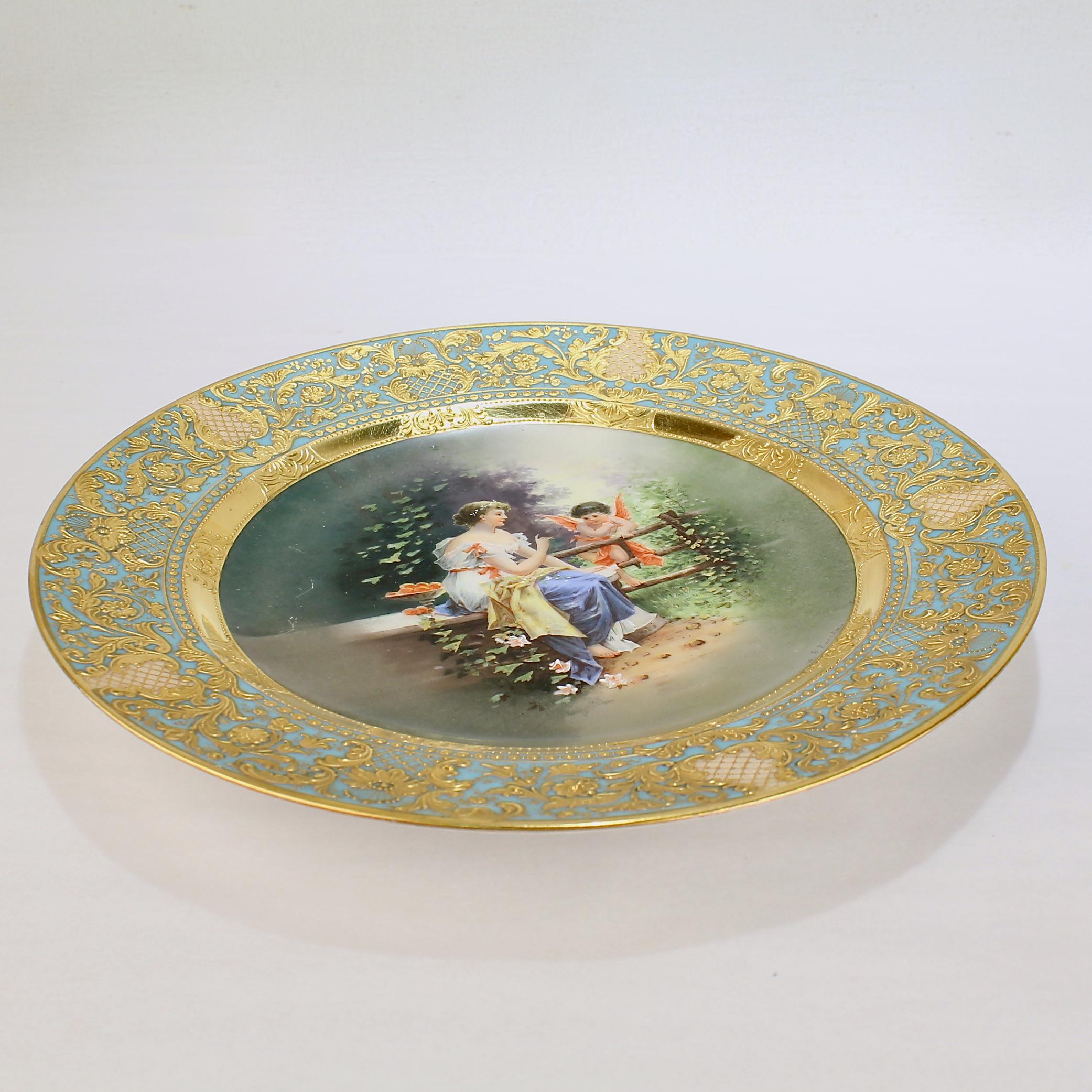 German Antique Signed Vienna Style Porcelain Hand Painted Cabinet Plate after H. Zatzka For Sale
