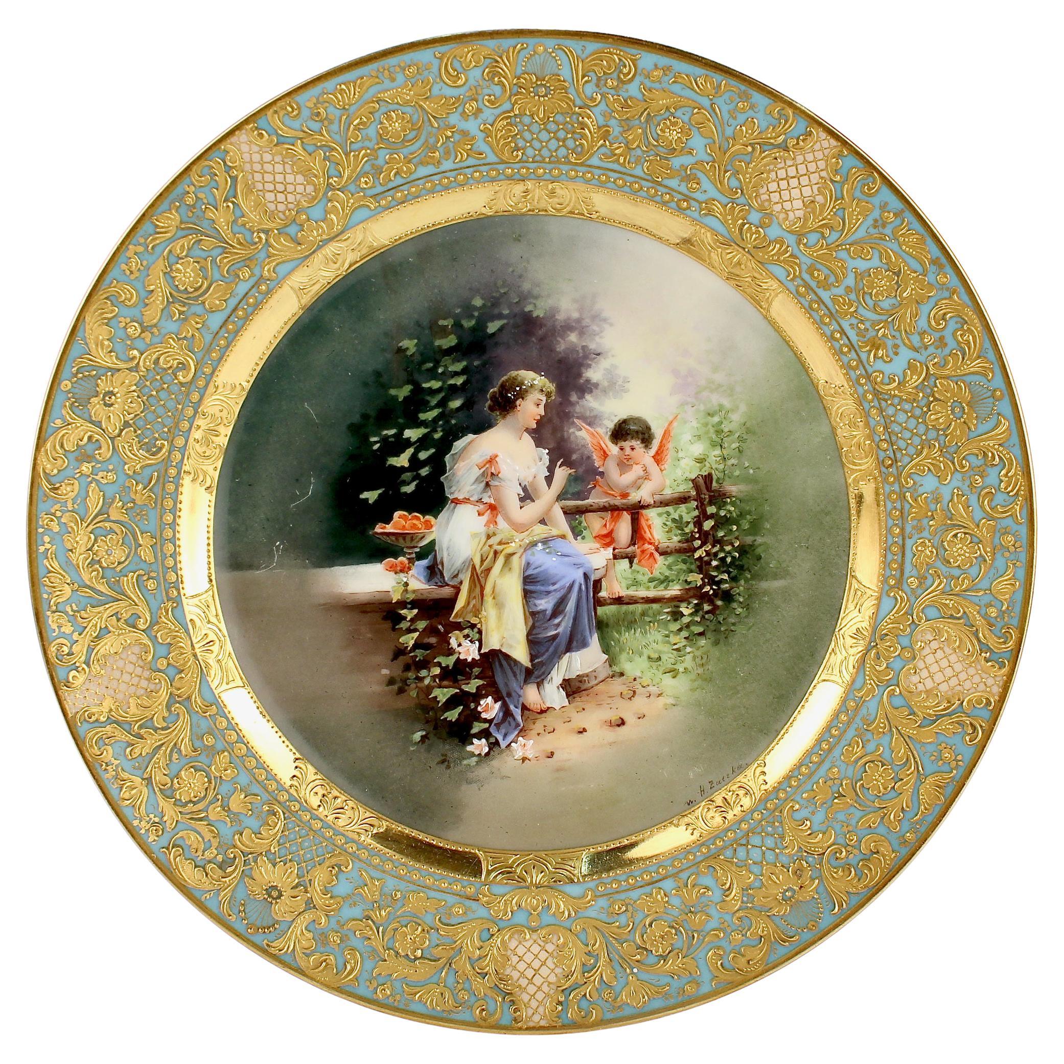 Assiette de cabinet ancienne en porcelaine de style viennois peinte à la main d'après H. Zatzka, signée