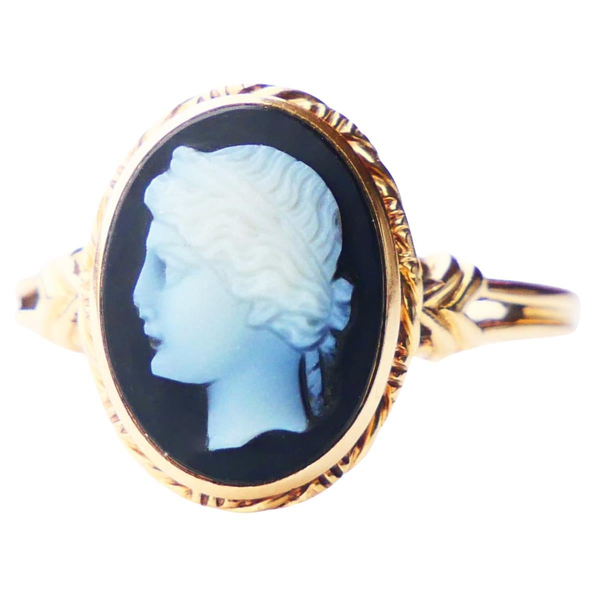 Antique Signet Cameo Ring 5ct Banded Onyx solid 18K Gold Ø6US /3.2gr