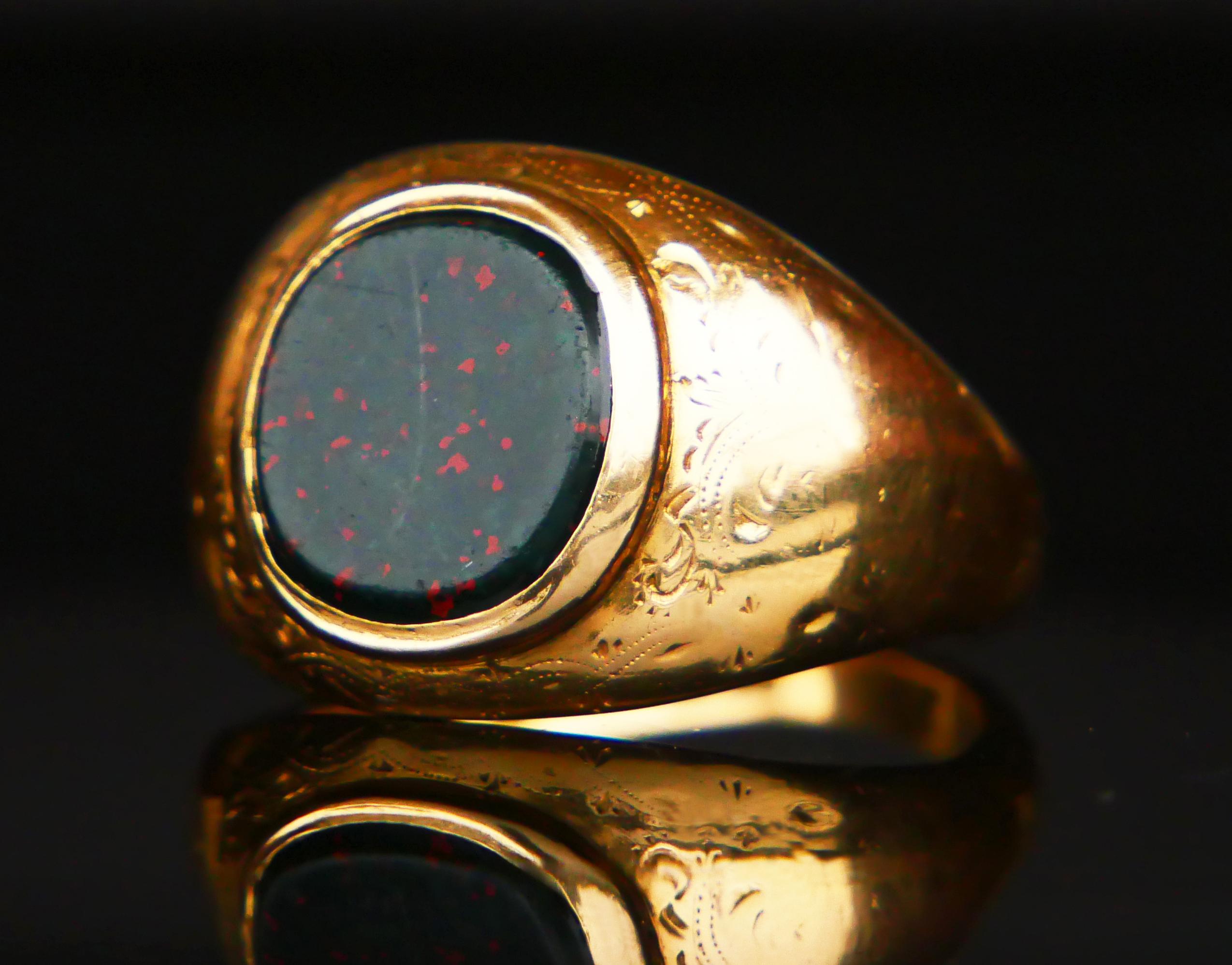 Oval Cut Antique Signet Men Ring 6ct. Blood Stone solid 18K Gold Ø 11.5US / 10.5 gr