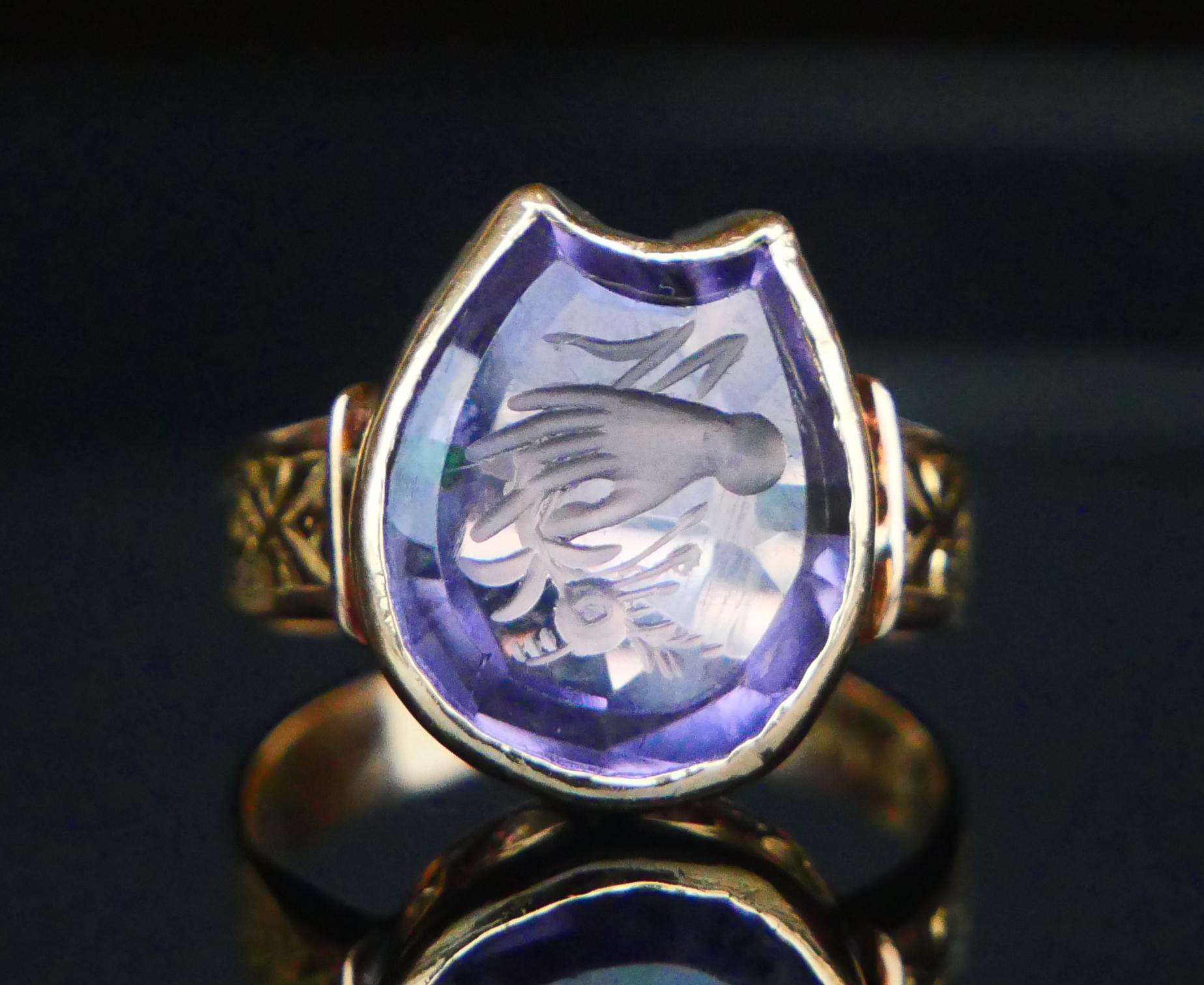 Antique Signet Ring Hand and Flower Intaglio Amethyst solid 18K Ø6.5US/5.1gr For Sale 8