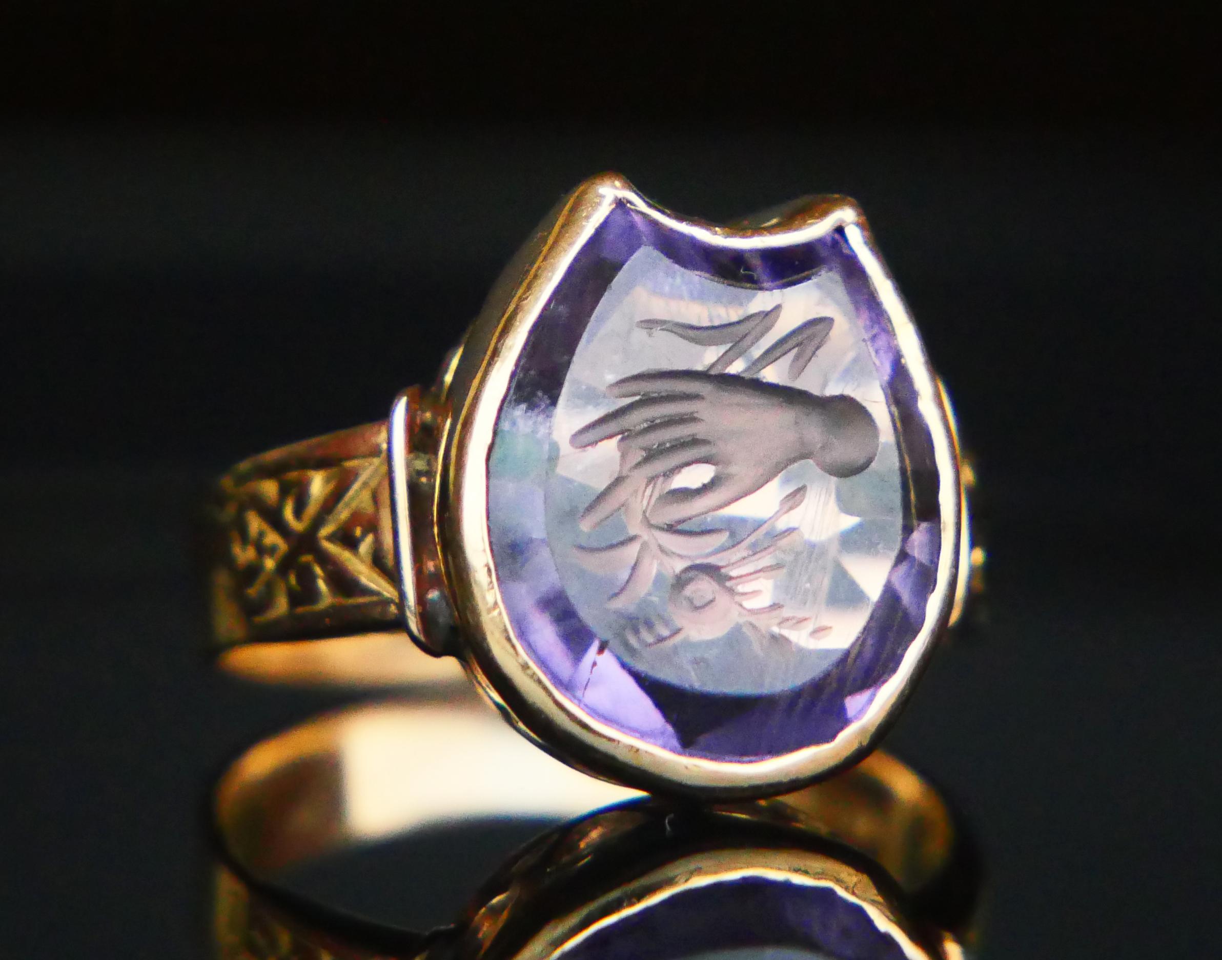 Antique Signet Ring Hand and Flower Intaglio Amethyst solid 18K Ø6.5US/5.1gr For Sale 9